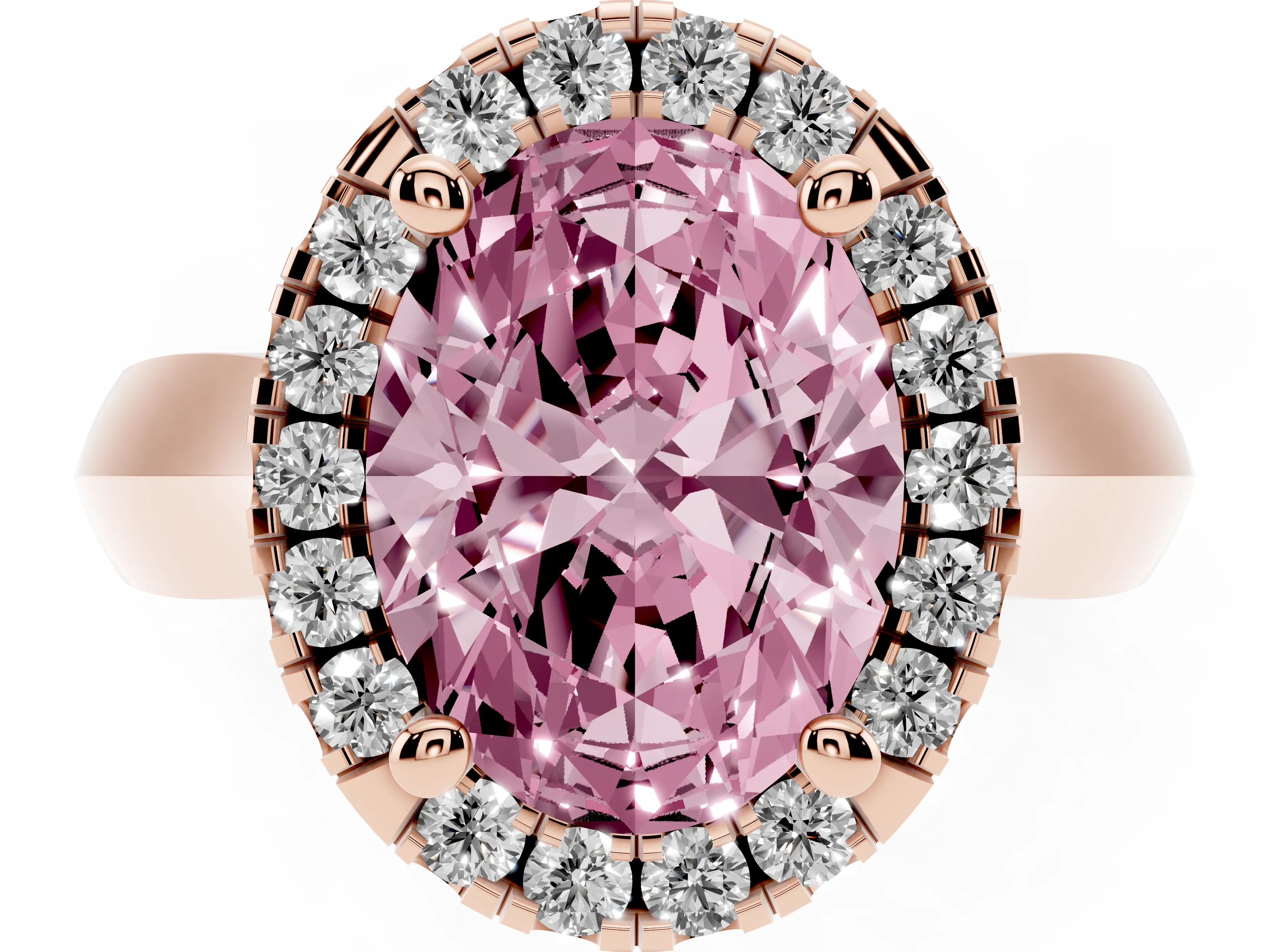 Fancy Pink Oval Cut Diamond Halo Solitaire Engagement Ring Set in Rose gold with Square Band and Prong Setting