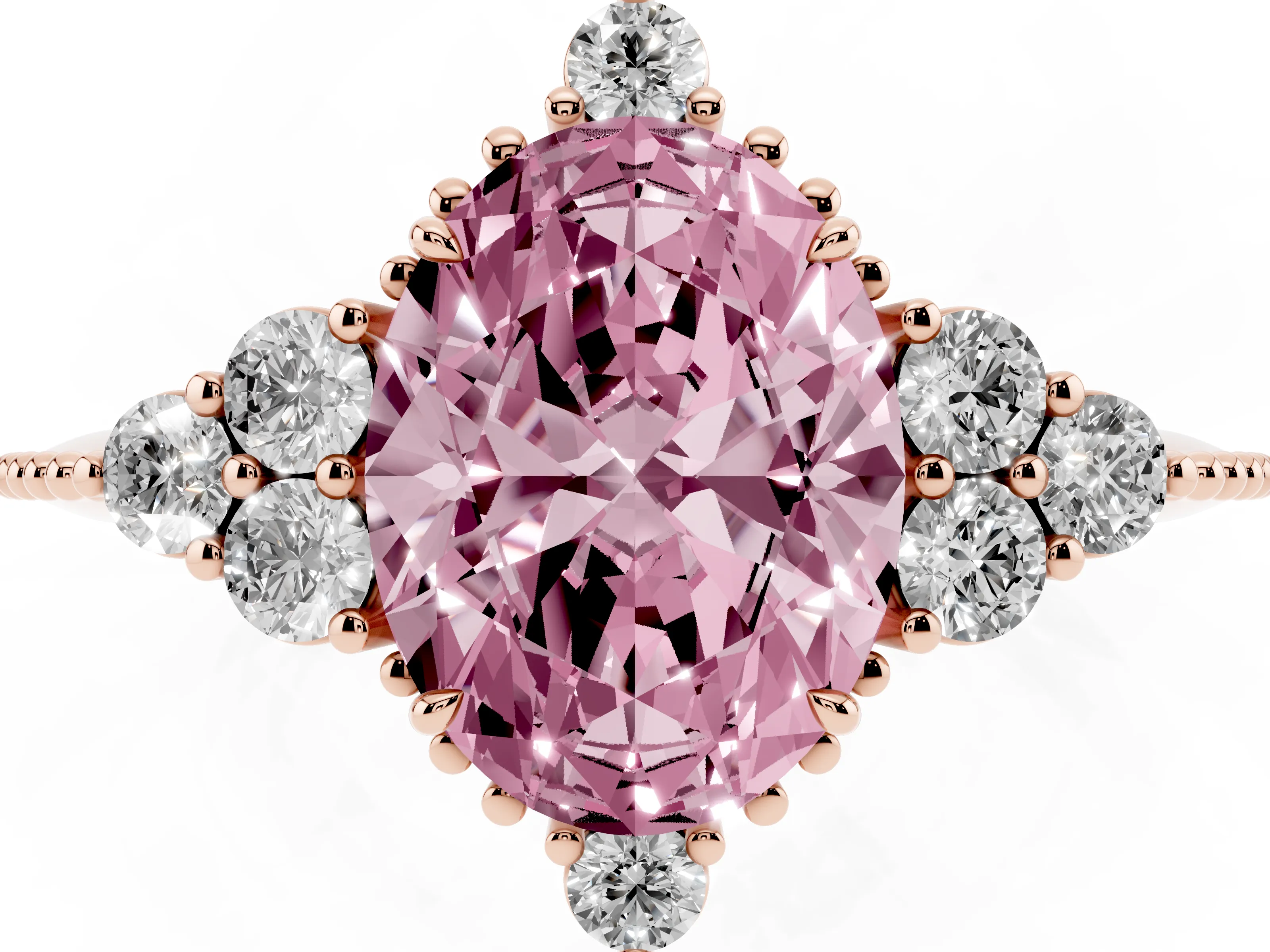 Fancy Pink Oval Cut Diamond Cluster Ring Set in Rose gold with Beaded Band