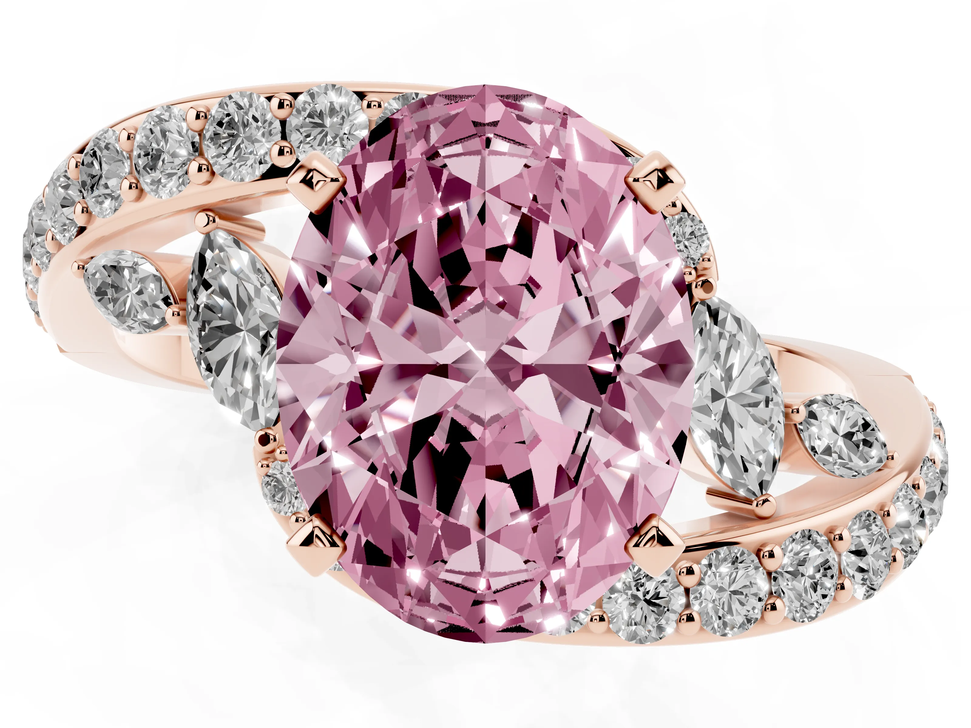 Fancy Pink Oval Cut Diamond Solitaire Ring Set in Rose gold with Pavé Twist Band and Secure Prong Setting