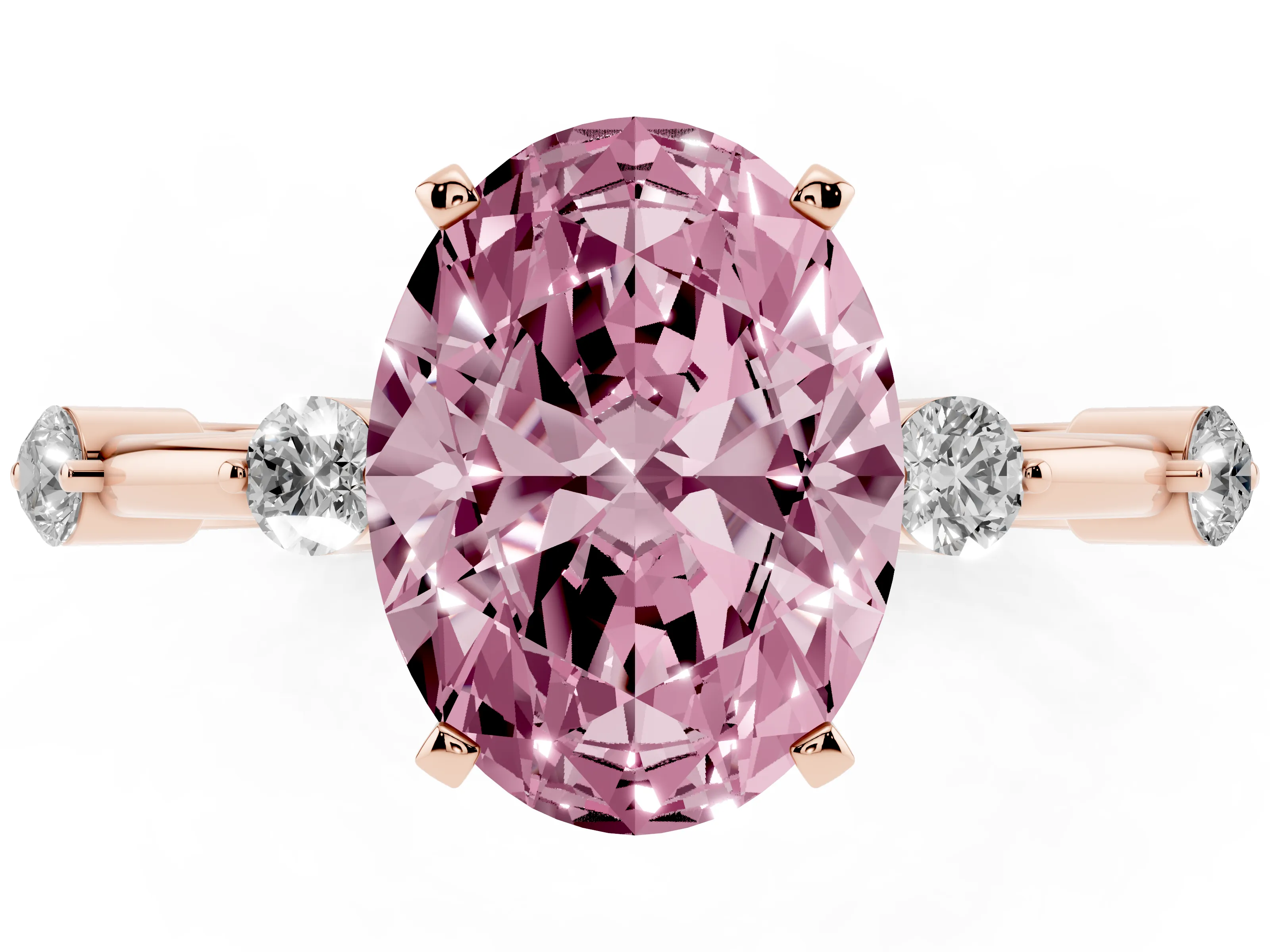 Fancy Pink Oval Cut Diamond Solitaire Ring Set in Rose gold with Bezel Set Side Stones and Prong Setting
