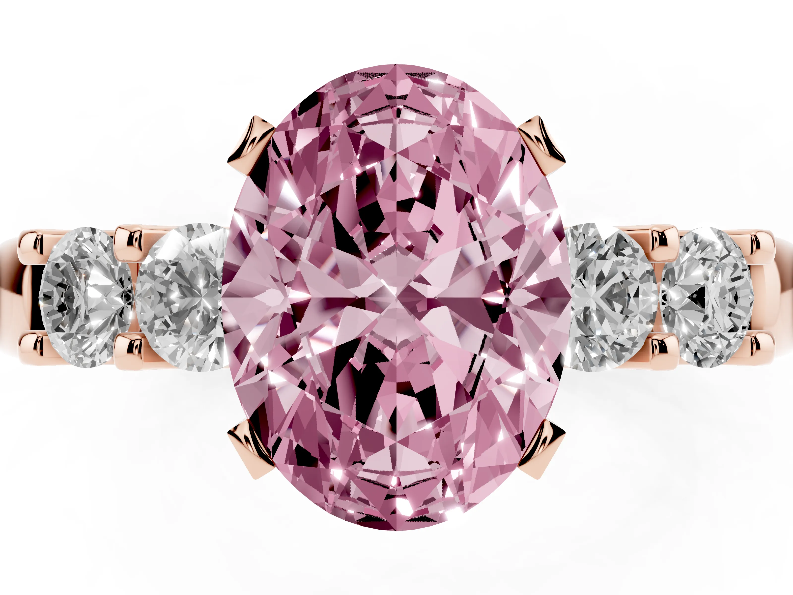 Fancy Pink Oval Cut Diamond Five-Stone Prong Set Engagement Ring Set in Rose gold with Channel Band