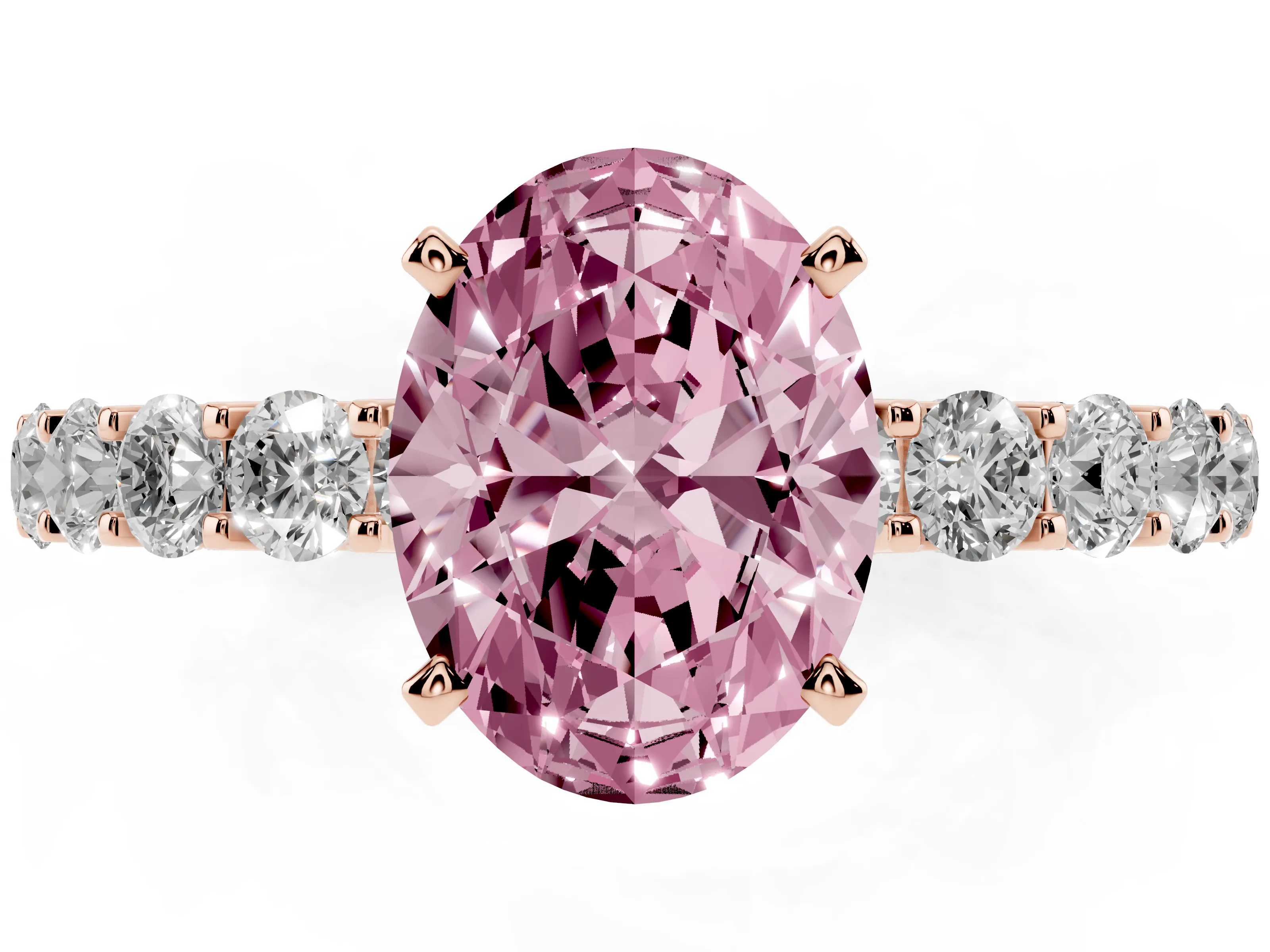 Fancy Pink Oval Cut Diamond Solitaire Ring Set in Rose gold with Shared Prong Pavé Band
