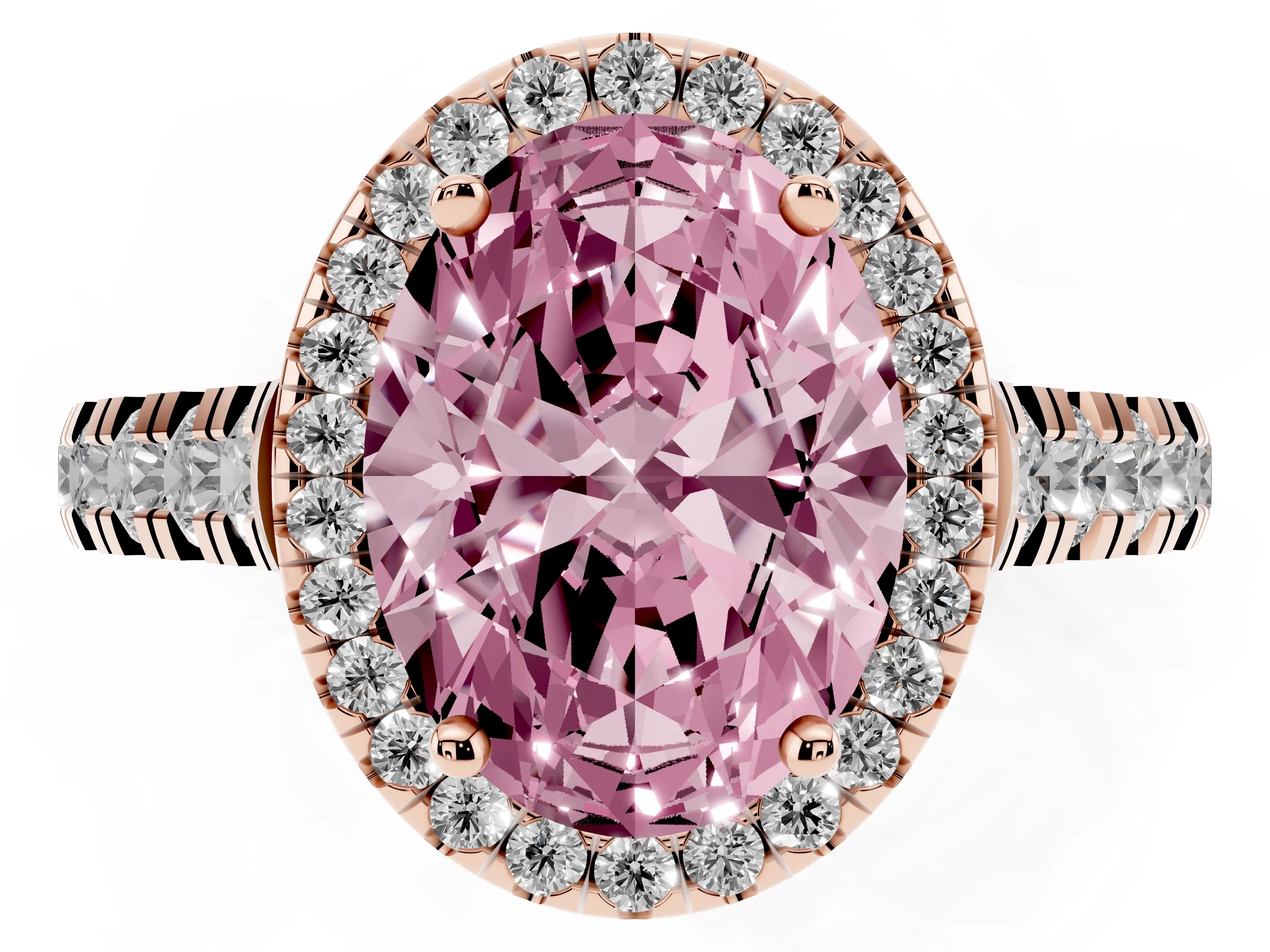 Fancy Pink Oval Cut Diamond Halo Engagement Ring Set in Rose gold with Pavé Band and Prong-Set Center