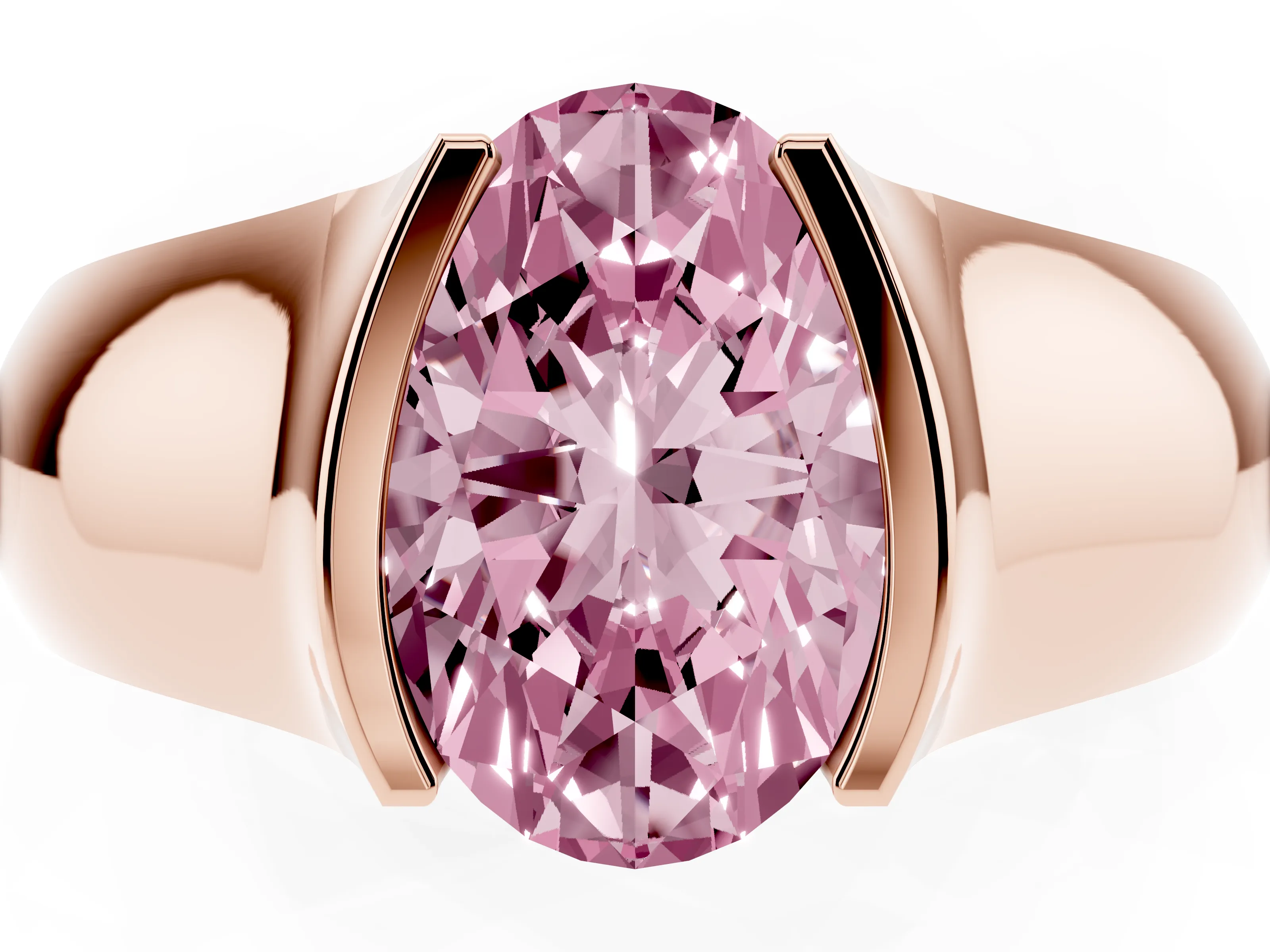 Fancy Pink Oval Cut Diamond Bezel Solitaire Ring Set in Rose gold with Wide Band