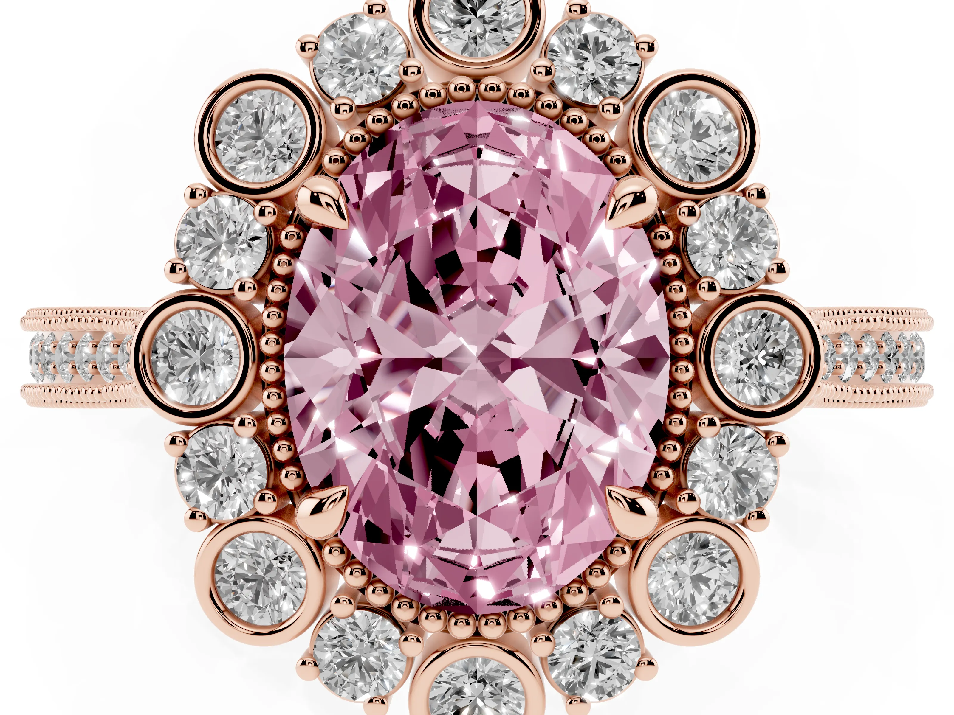 Fancy Pink Oval Cut Diamond Halo Milgrain Pavé Ring Set in Rose gold with Prong Setting