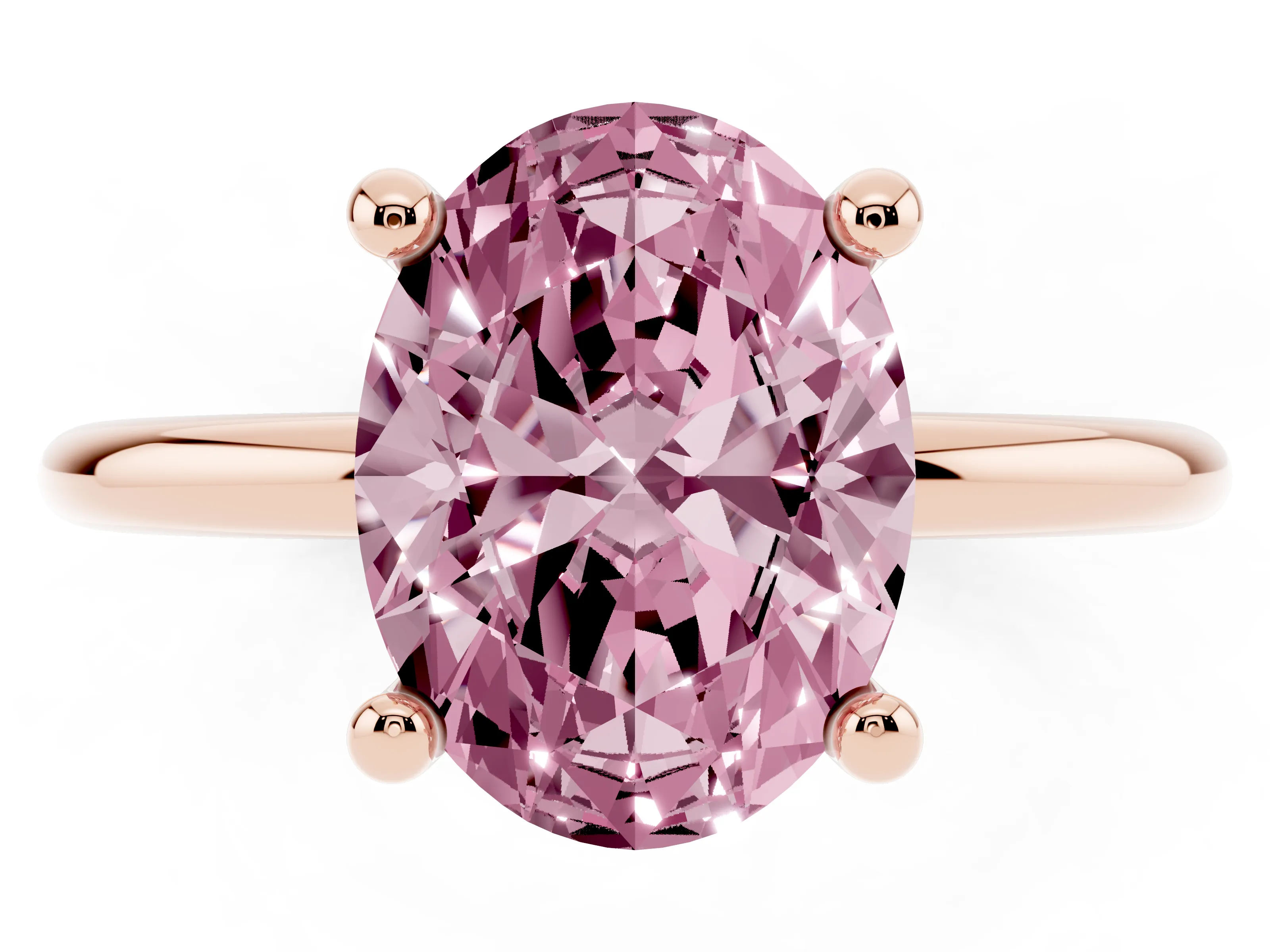 Fancy Pink Oval Cut Diamond Solitaire Ring Set in Rose gold with Secure Prong Setting on a Classic Band