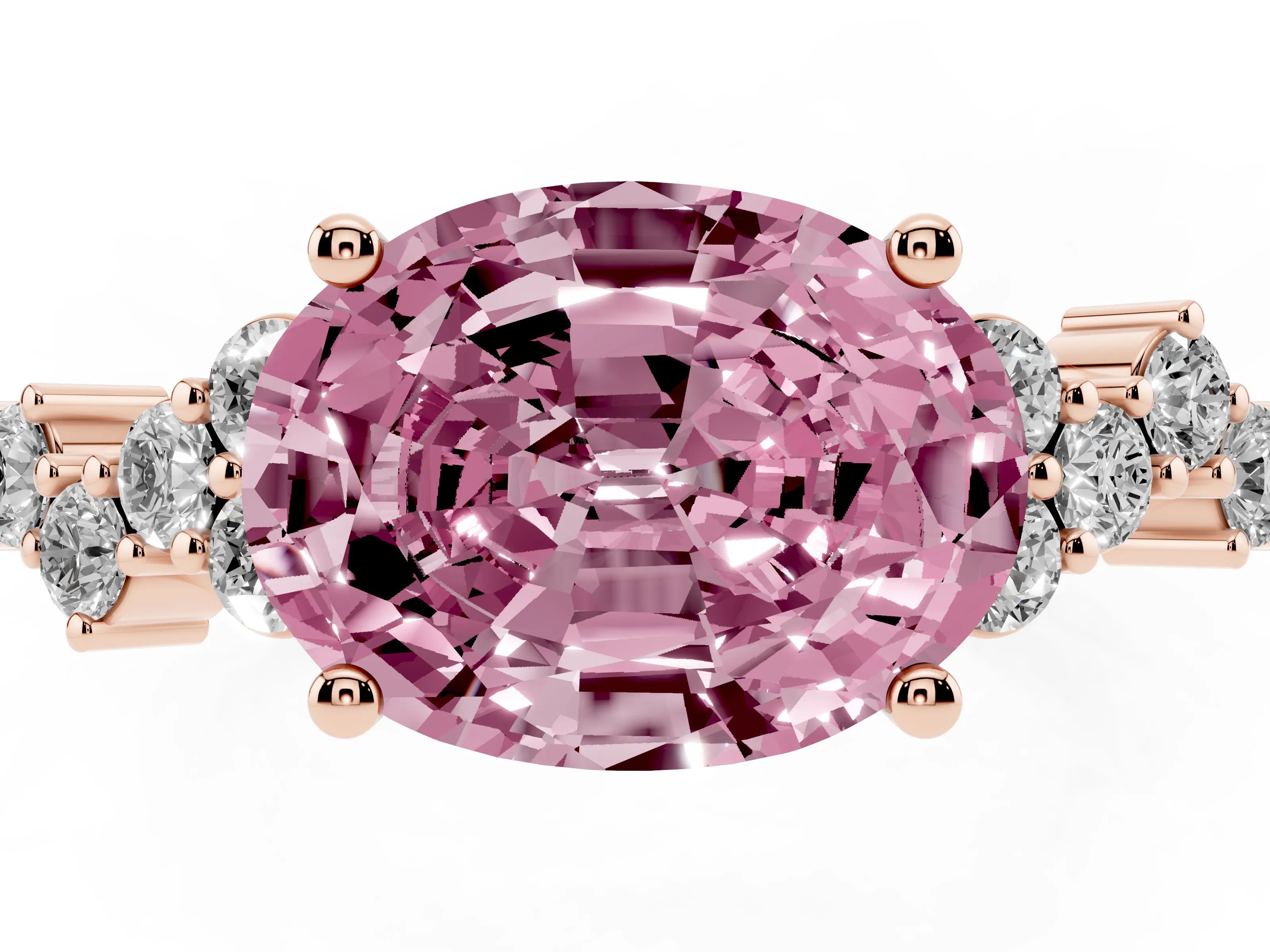 Fancy Pink Oval Cut Diamond Ring Set in Rose gold with Scattered Round Accents