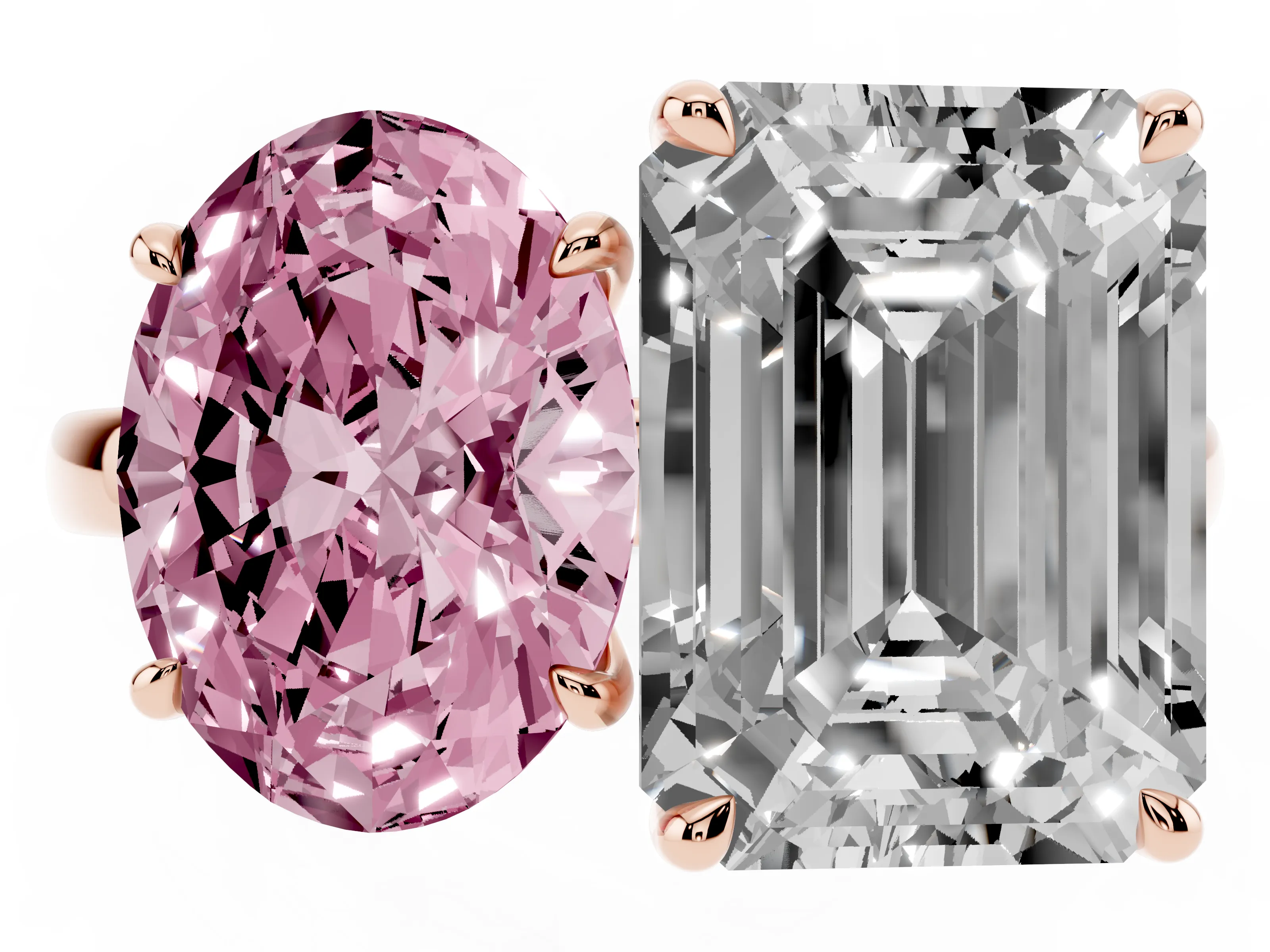 Fancy Pink Oval Cut and Emerald Cut Toi Moi Ring Set in Rose gold with Prong Setting