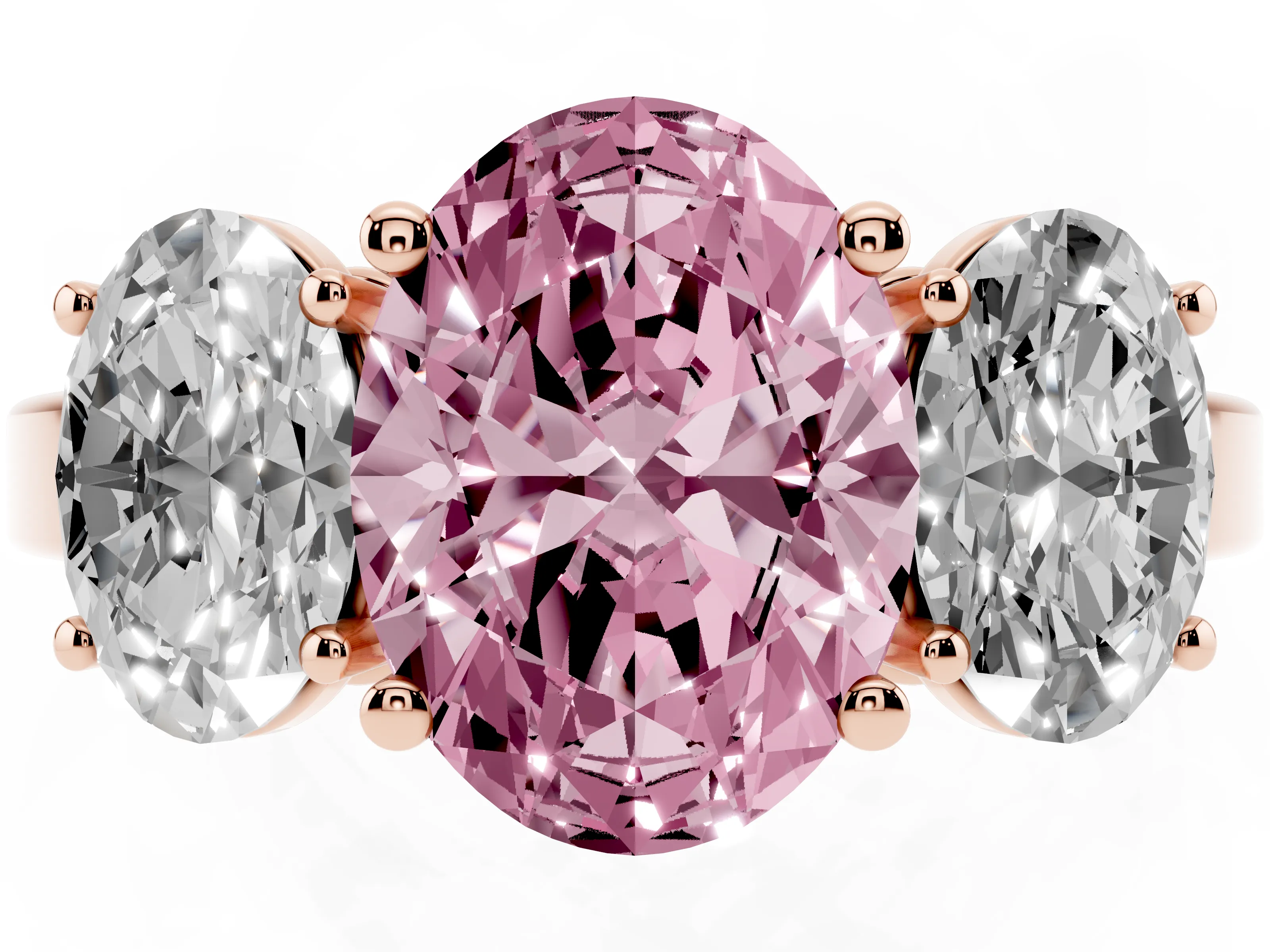 Fancy Pink Oval Cut Diamond Three-Stone Engagement Ring Set in Rose gold with Flat Band