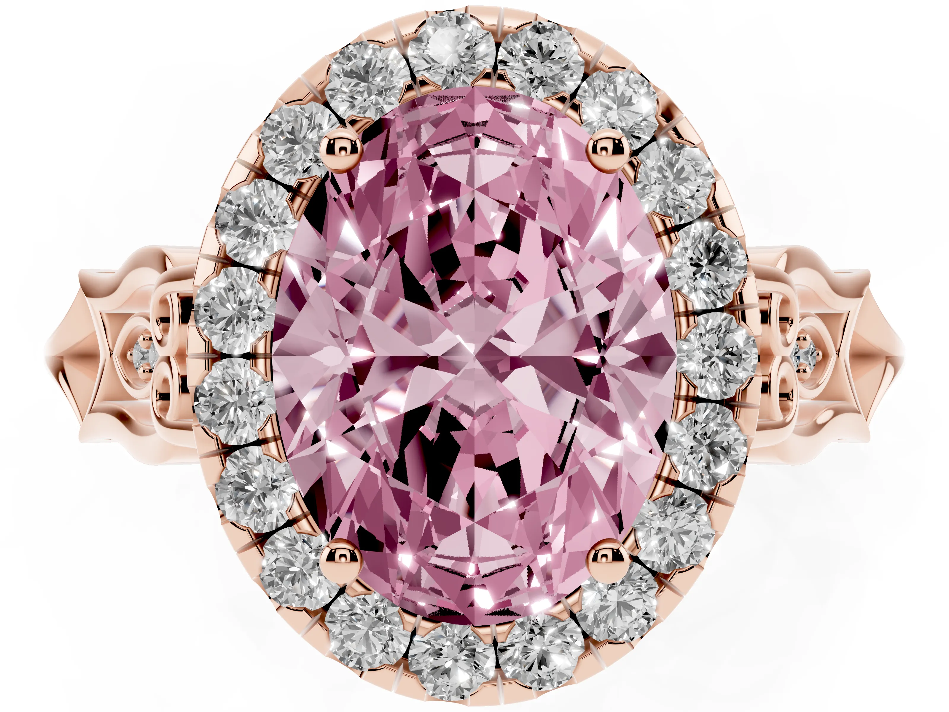 Fancy Pink Oval Cut Diamond Halo Engagement Ring Set in Rose gold with Filigree Band and Prong-Set Center