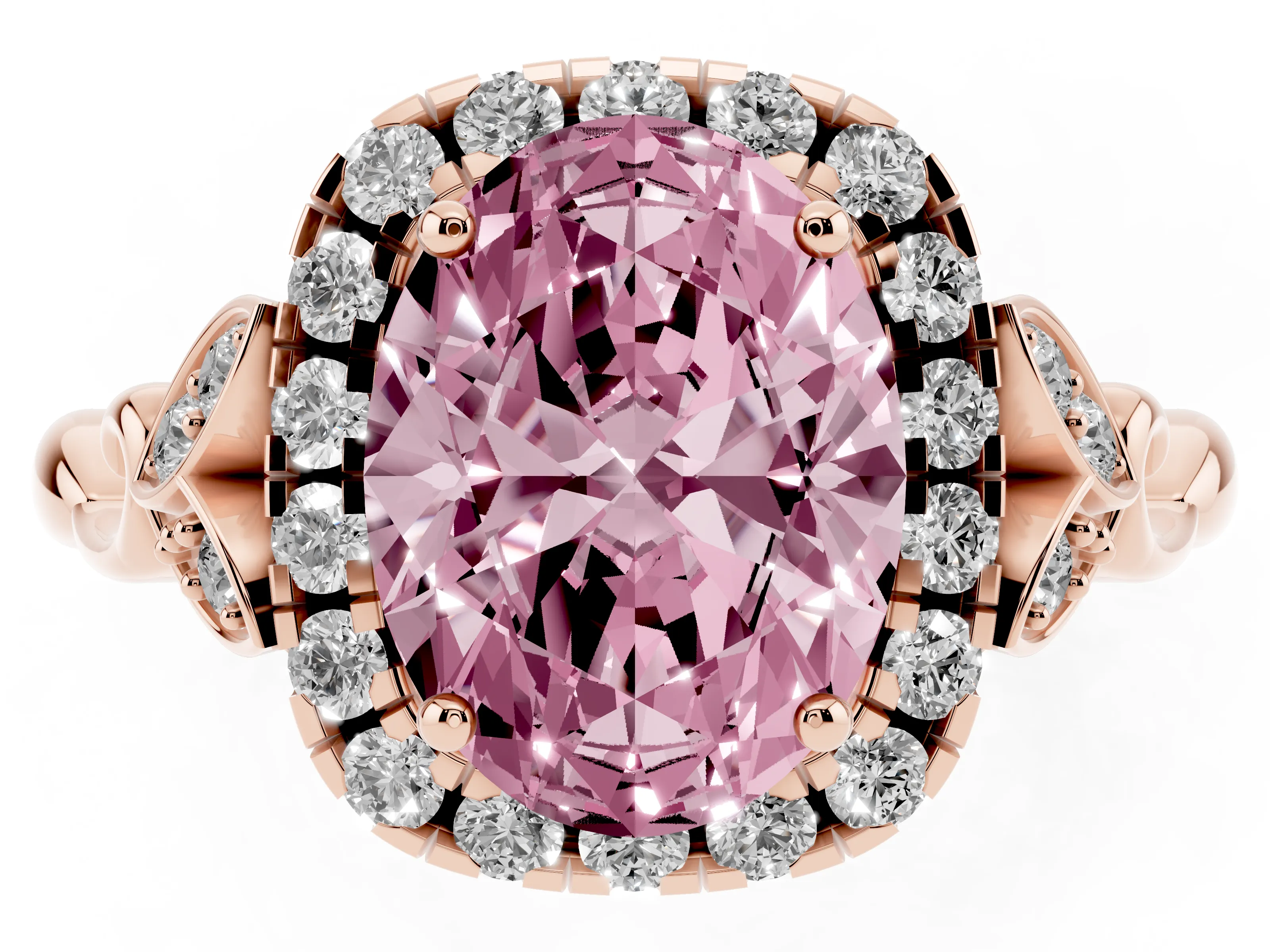 Fancy Pink Oval Cut Diamond Halo Engagement Ring Set in Rose gold with Vintage-Inspired Band and Prong Setting