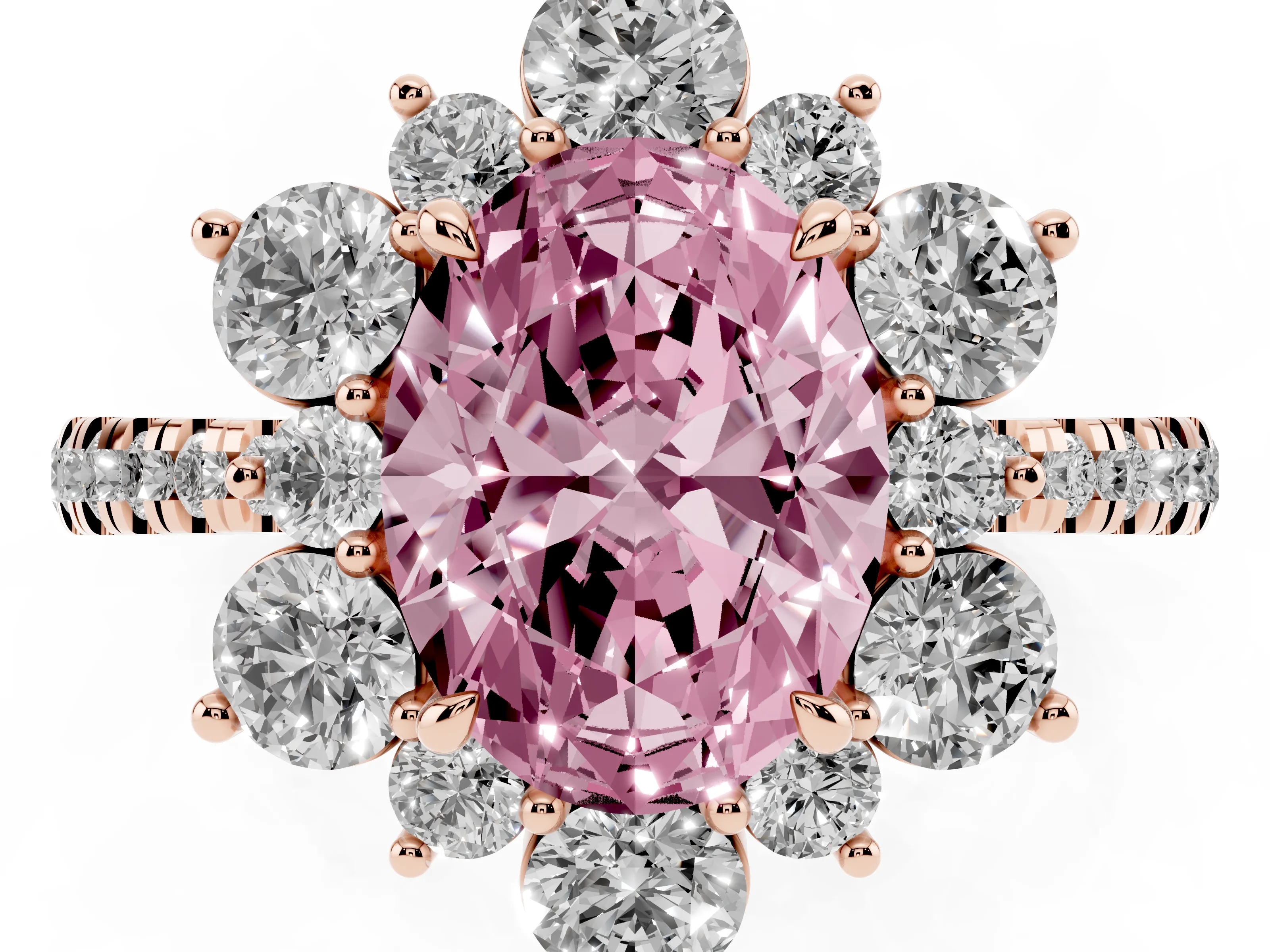 Fancy Pink Oval Cut Diamond Floral Halo Ring Set in Rose gold with Round Pavé Band and Prong Setting