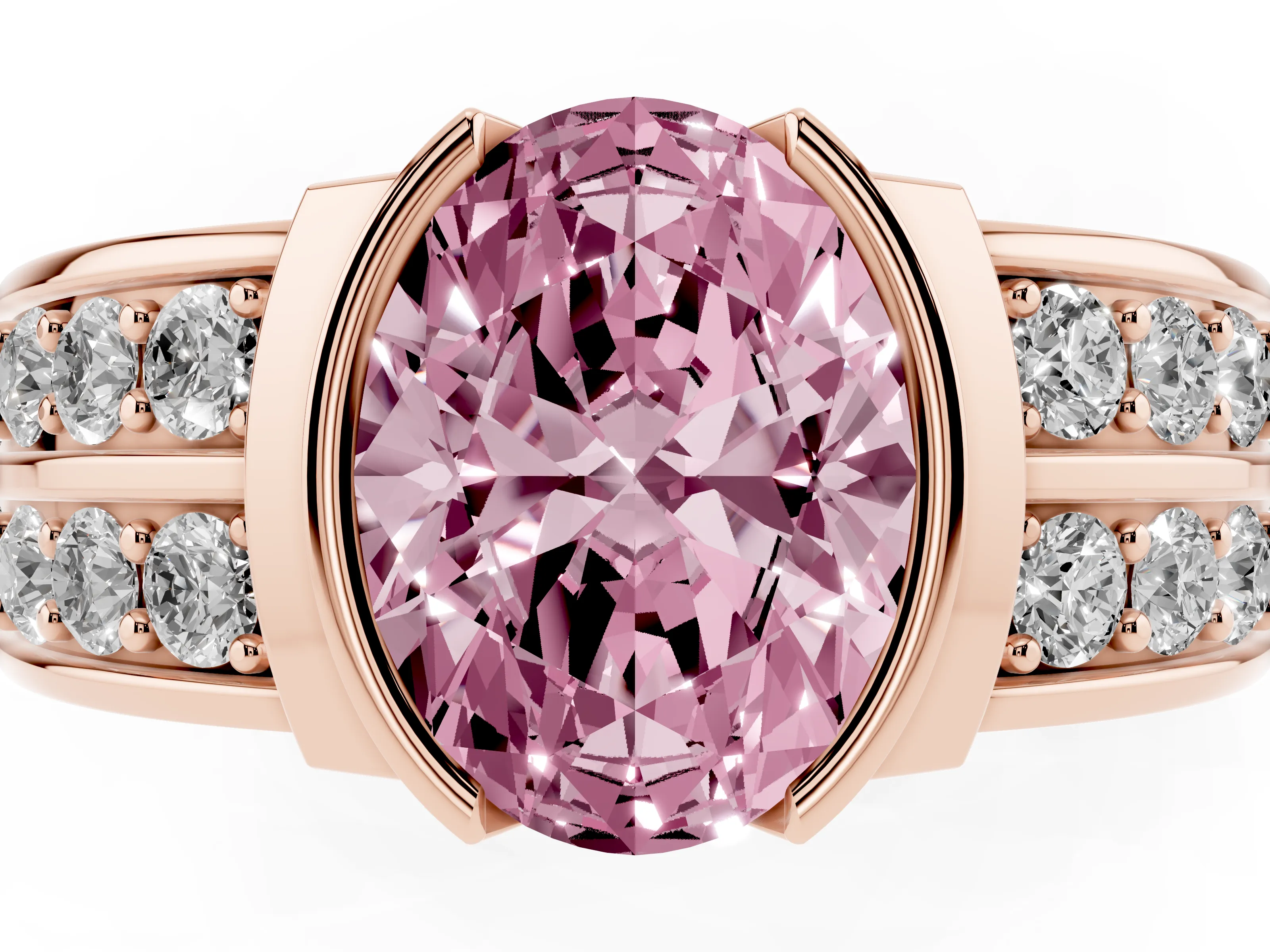 Fancy Pink Oval Cut Diamond Wide Channel Set Band Ring Set in Rose gold with Bezel Setting