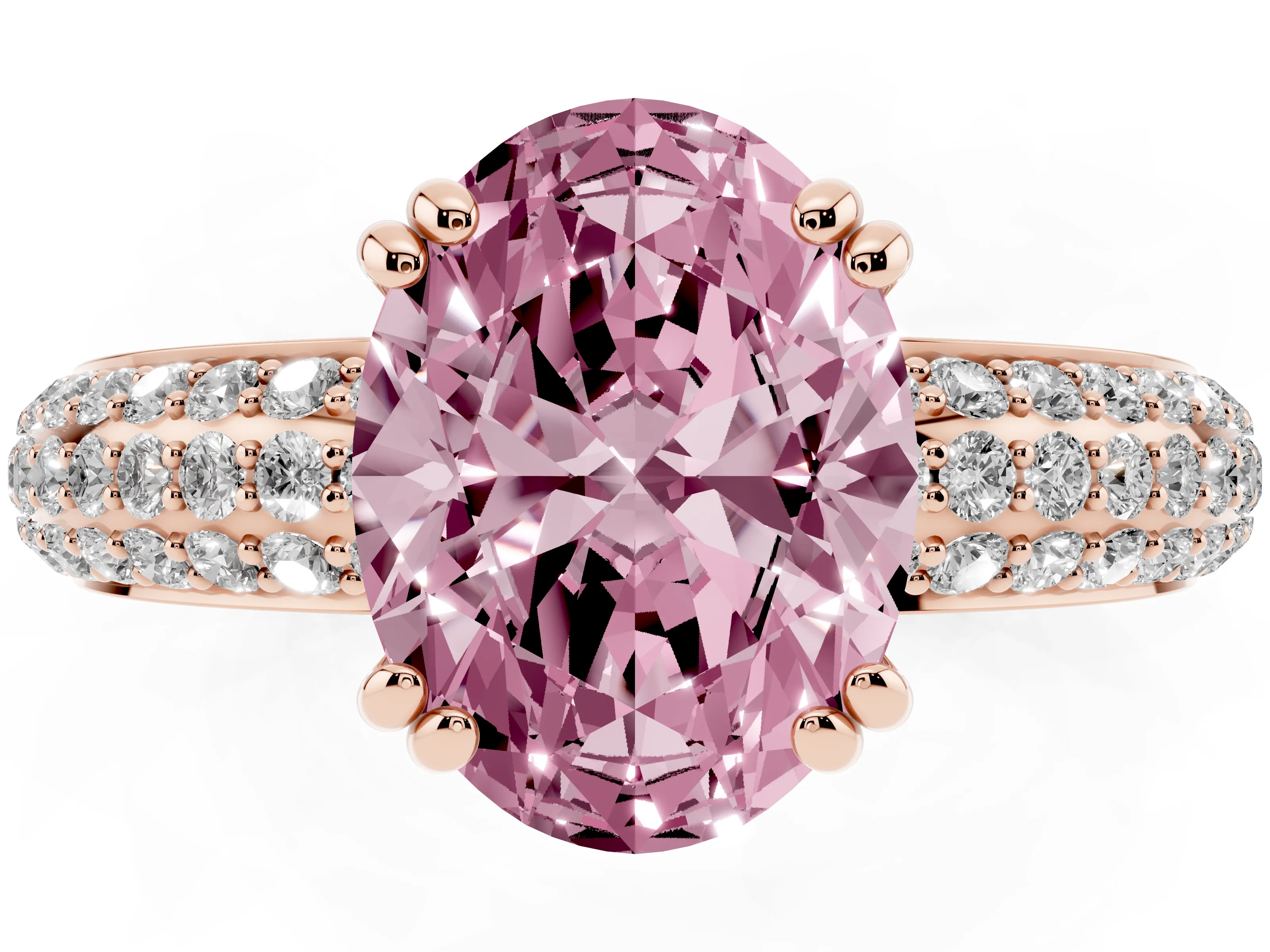 Fancy Pink Oval Cut Diamond Solitaire Ring Set in Rose gold with Multi-Row Round Pavé Band and Prong Setting