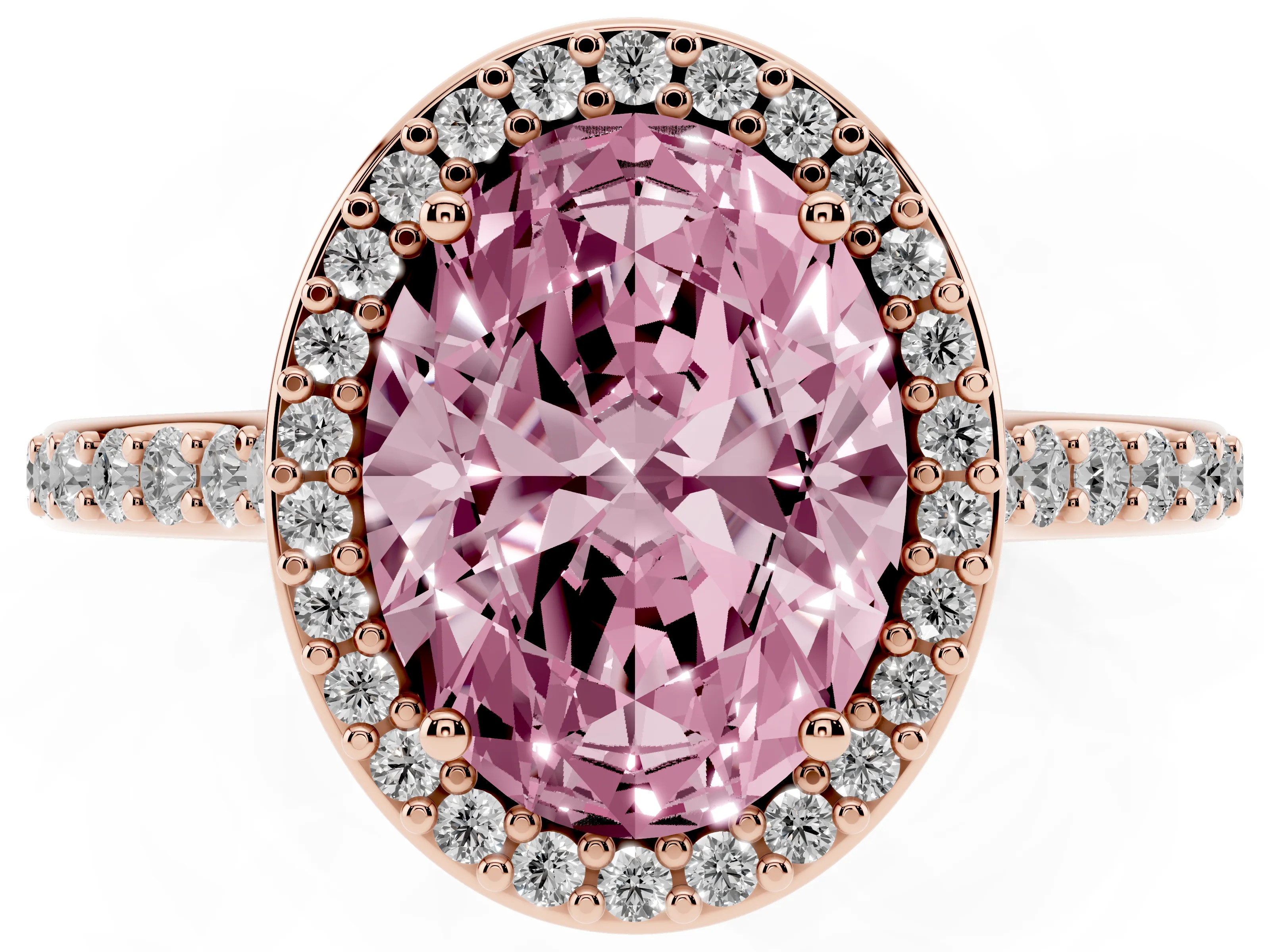 Fancy Pink Oval Cut Diamond Halo Engagement Ring Set in Rose gold with Round Pavé Shoulders and Heart Gallery