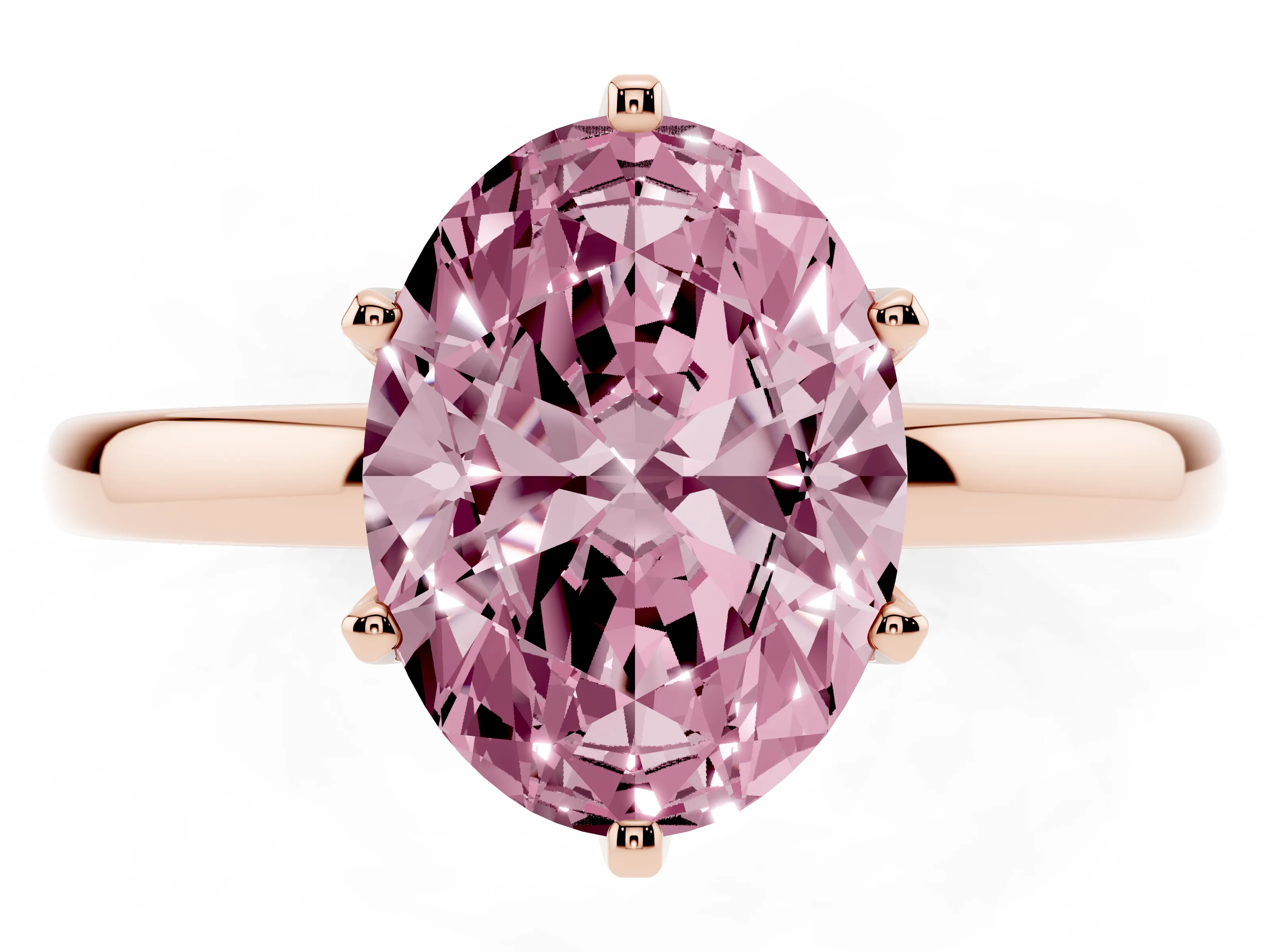 Fancy Pink Oval Cut Diamond Solitaire Ring Set in Rose gold with Raised Prong Setting on a Classic Band