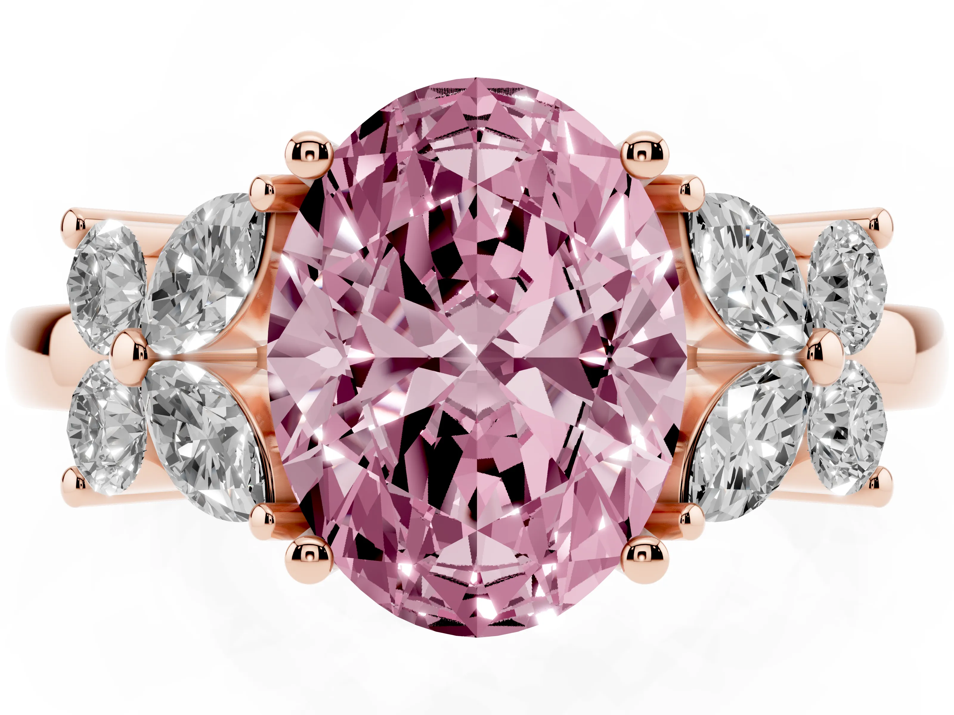 Fancy Pink Oval Cut Diamond Floral Cluster Ring Set in Rose gold with Marquise Petals and Prong Setting