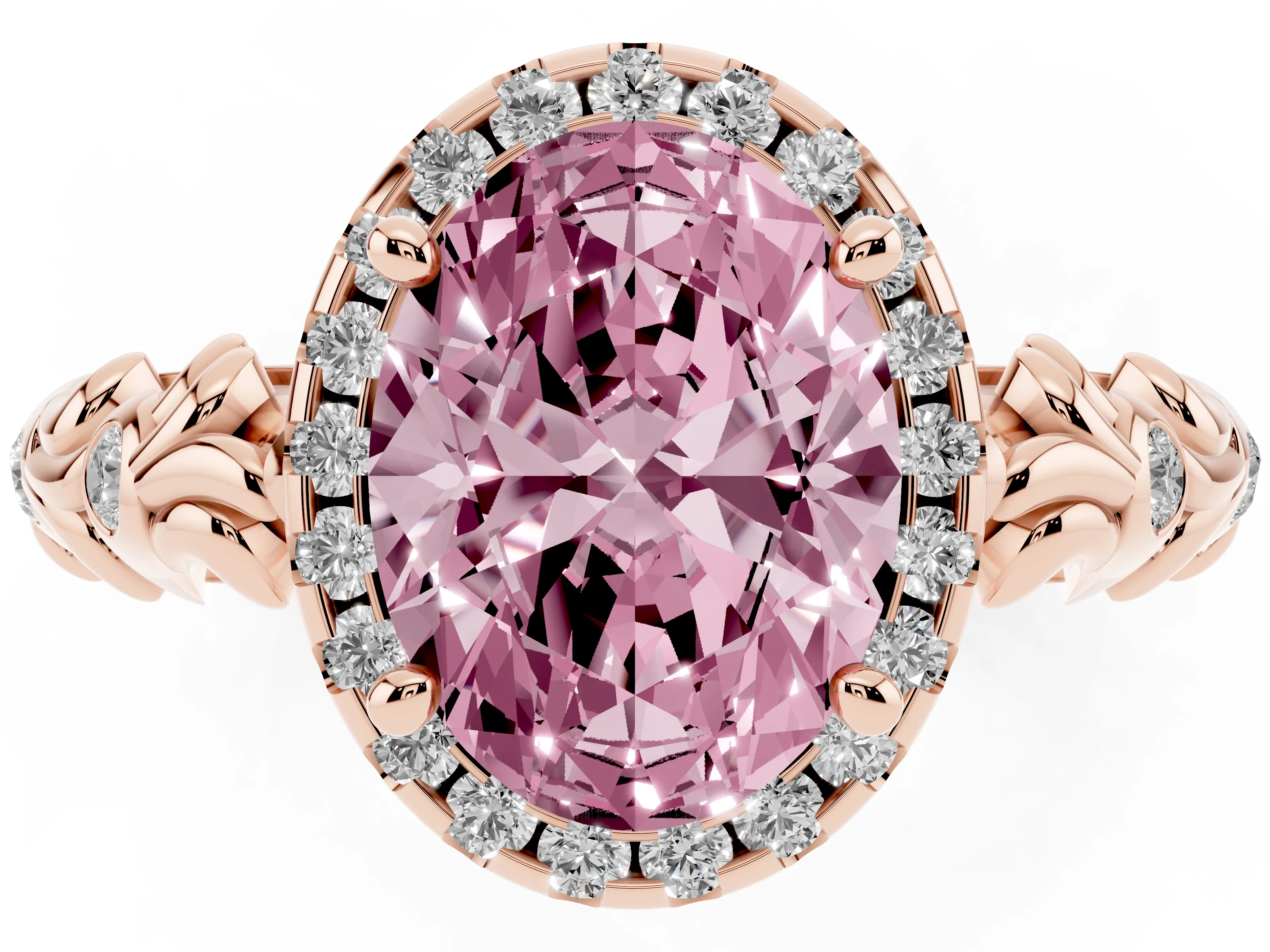 Fancy Pink Oval Cut Diamond Halo Ring Set in Rose gold with Filigree Leaf Band and Prong Setting