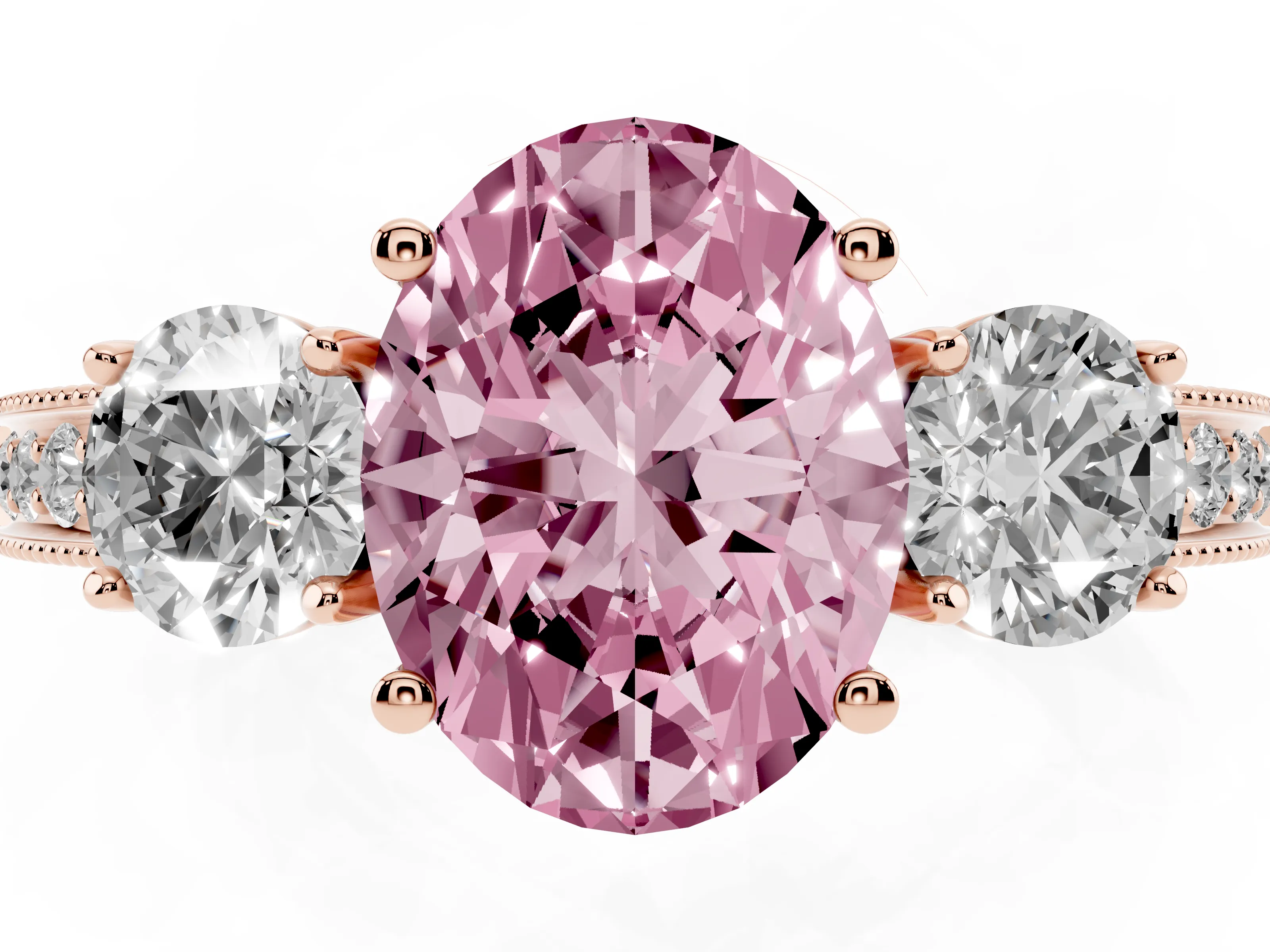 Fancy Pink Oval Cut Diamond Three-Stone Ring Set in Rose gold with Round Side Stones and Pavé Band