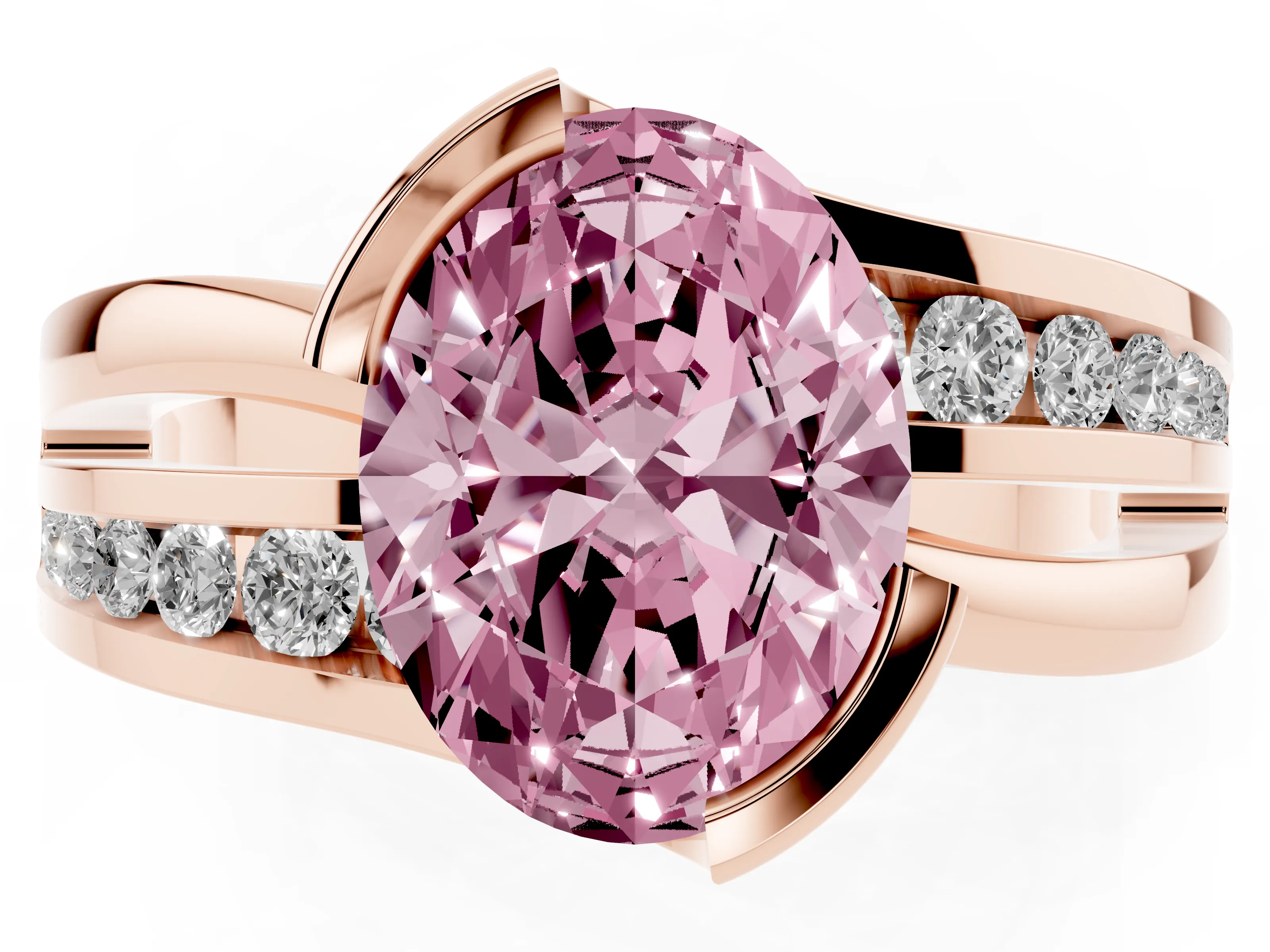 Fancy Pink Oval Cut Diamond Solitaire Ring Set in Rose gold with Channel Set Split Shank and Tension Prongs