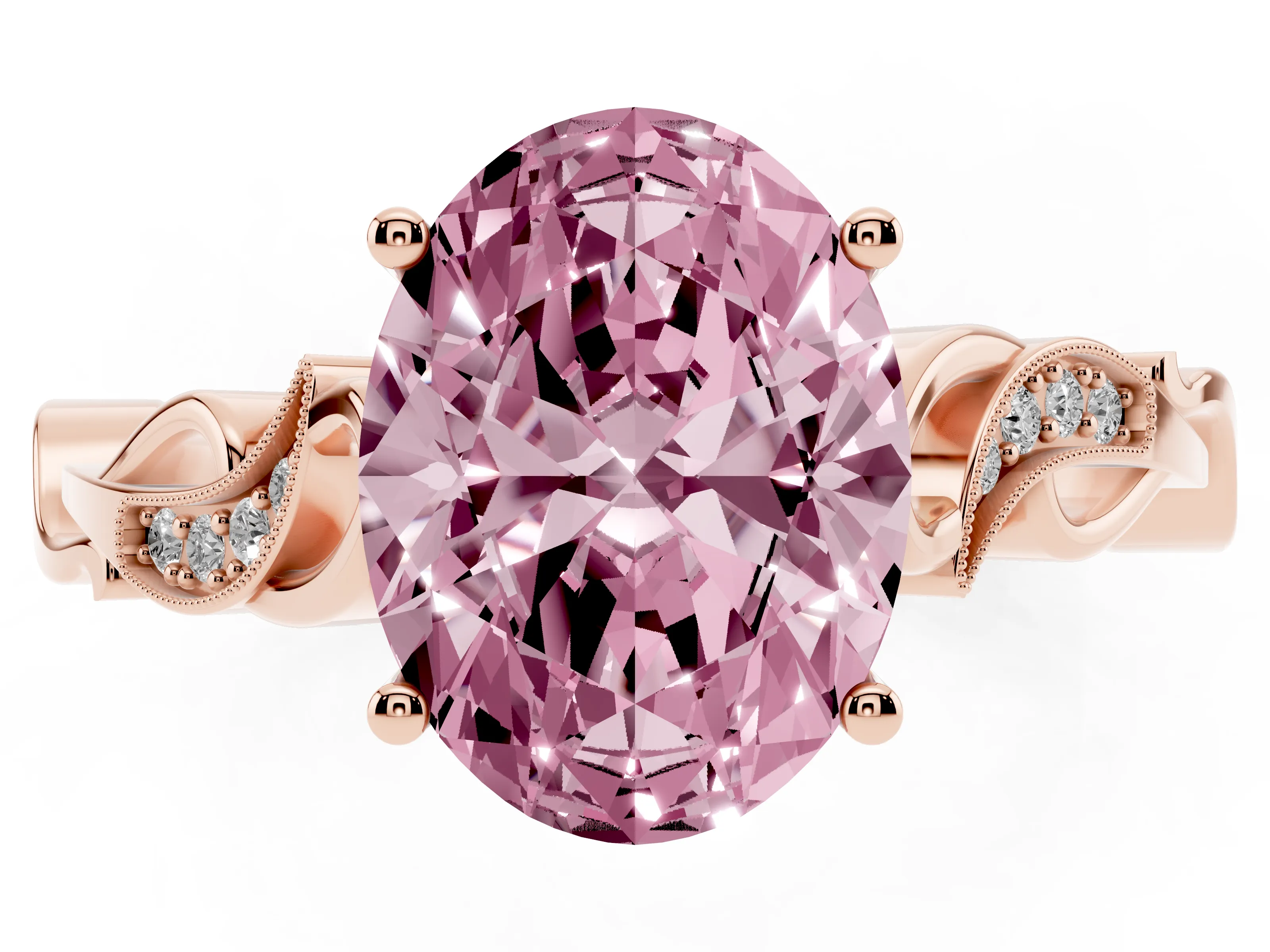 Fancy Pink Oval Cut Diamond Vine Band Solitaire Ring Set in Rose gold with Milgrain Prong Setting