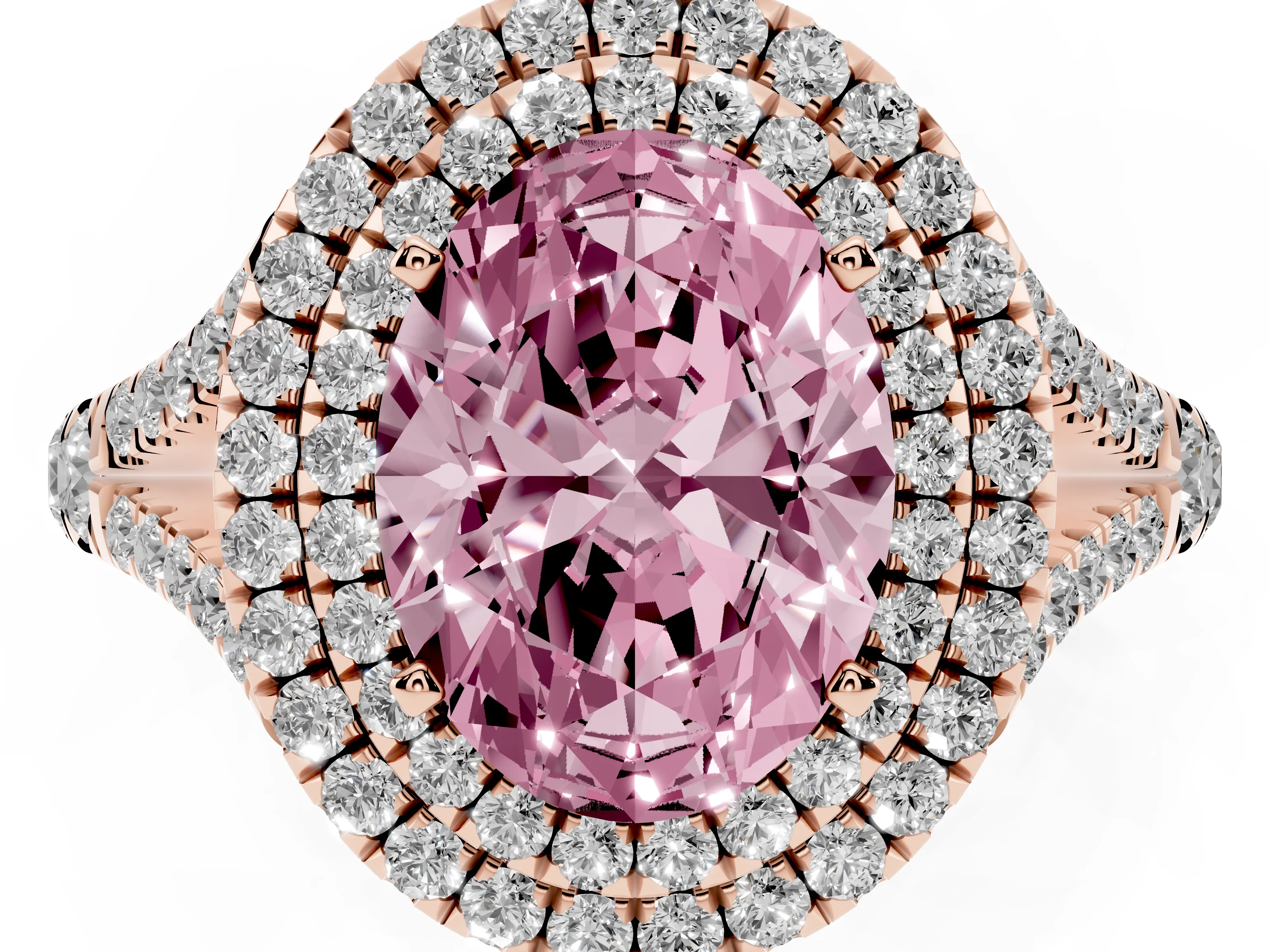 Fancy Pink Oval Cut Diamond Pavé Split Shank Double Halo Engagement Ring Set in Rose gold