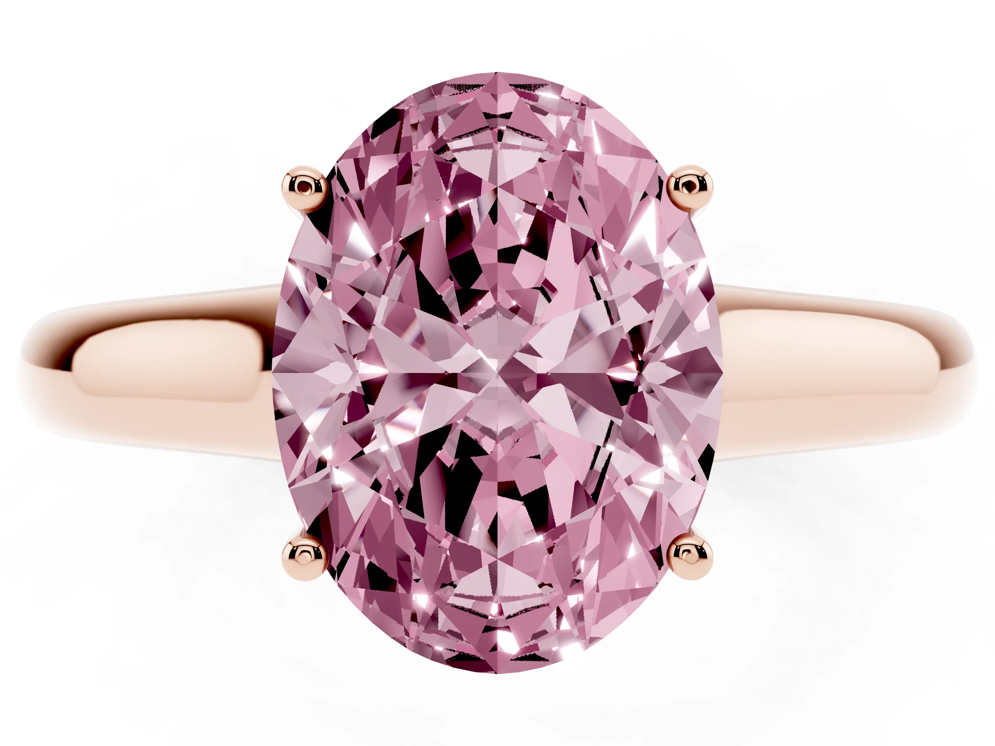 Fancy Pink Oval Cut Diamond Solitaire Engagement Ring Set in Rose gold with Subtly Tapered Band and Prong Setting