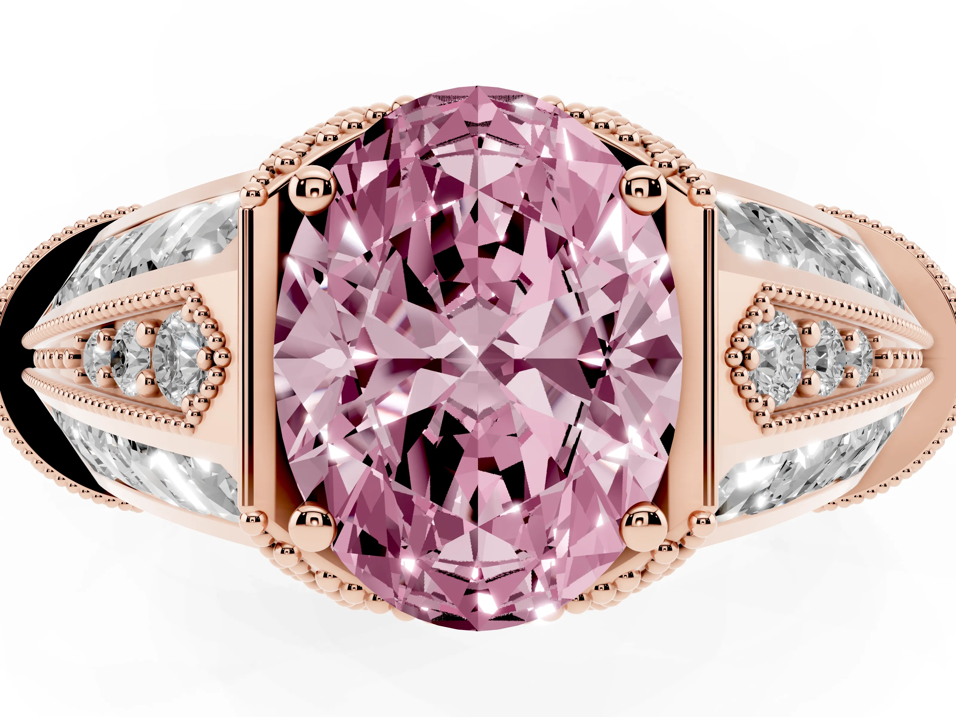Fancy Pink Oval Cut Diamond Vintage-Inspired Milgrain Ring Set in Rose gold with Accent Split Shank