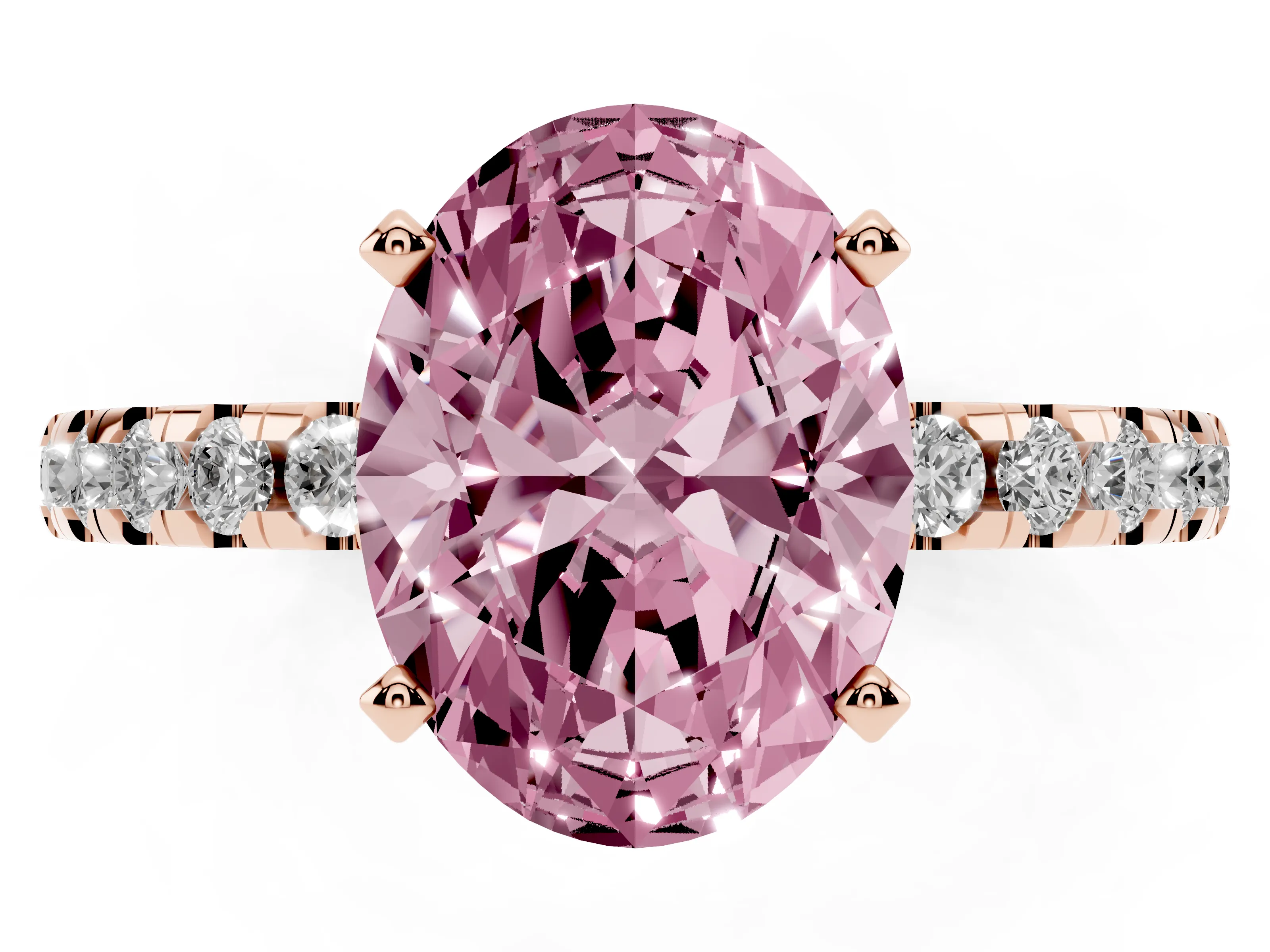 Fancy Pink Oval Cut Diamond Pavé Solitaire Ring Set in Rose gold with Round Band Accents and Prong Setting