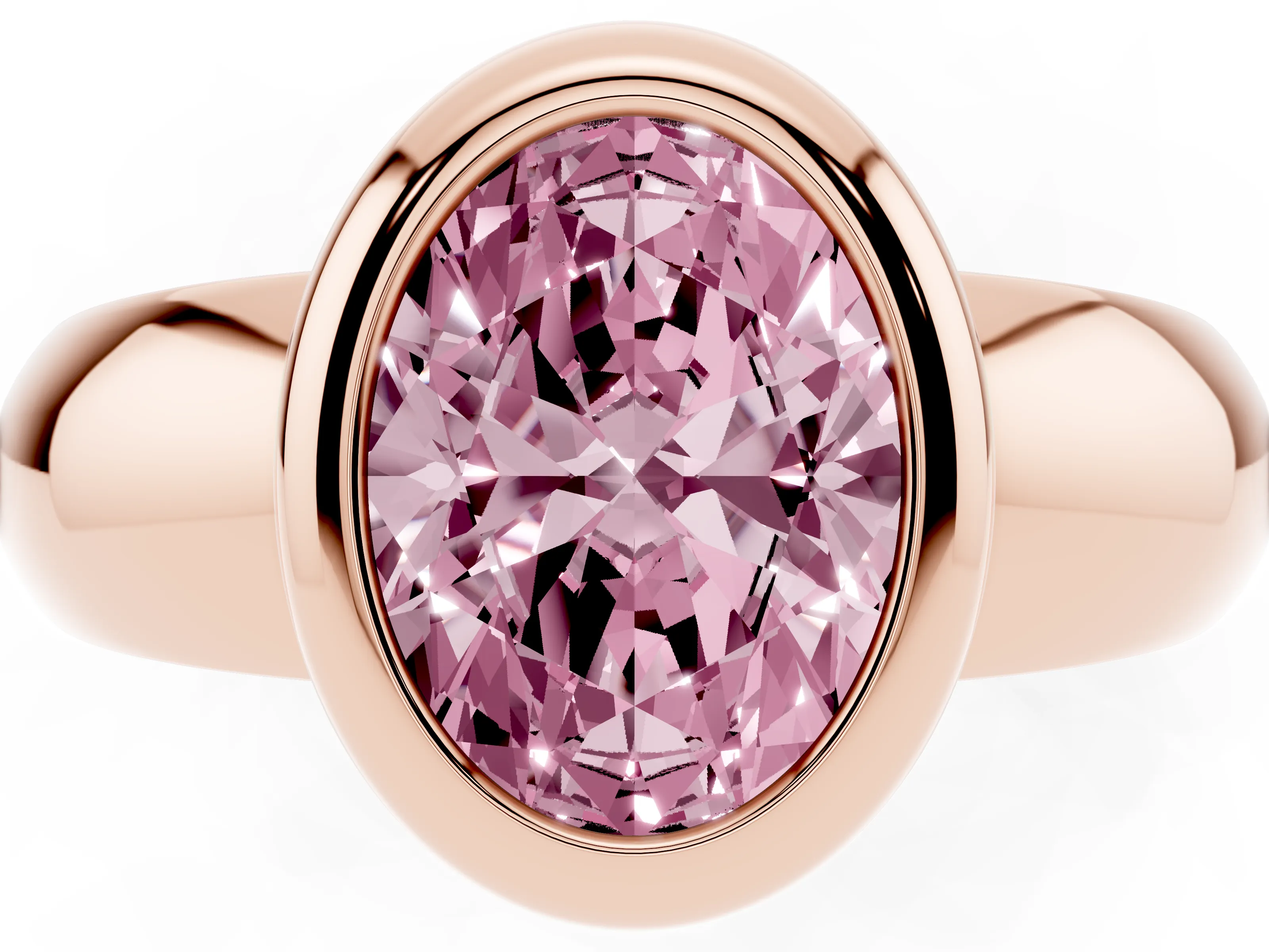 Fancy Pink Bezel Set Oval Cut Diamond Solitaire Ring Set in Rose gold with Wide Band