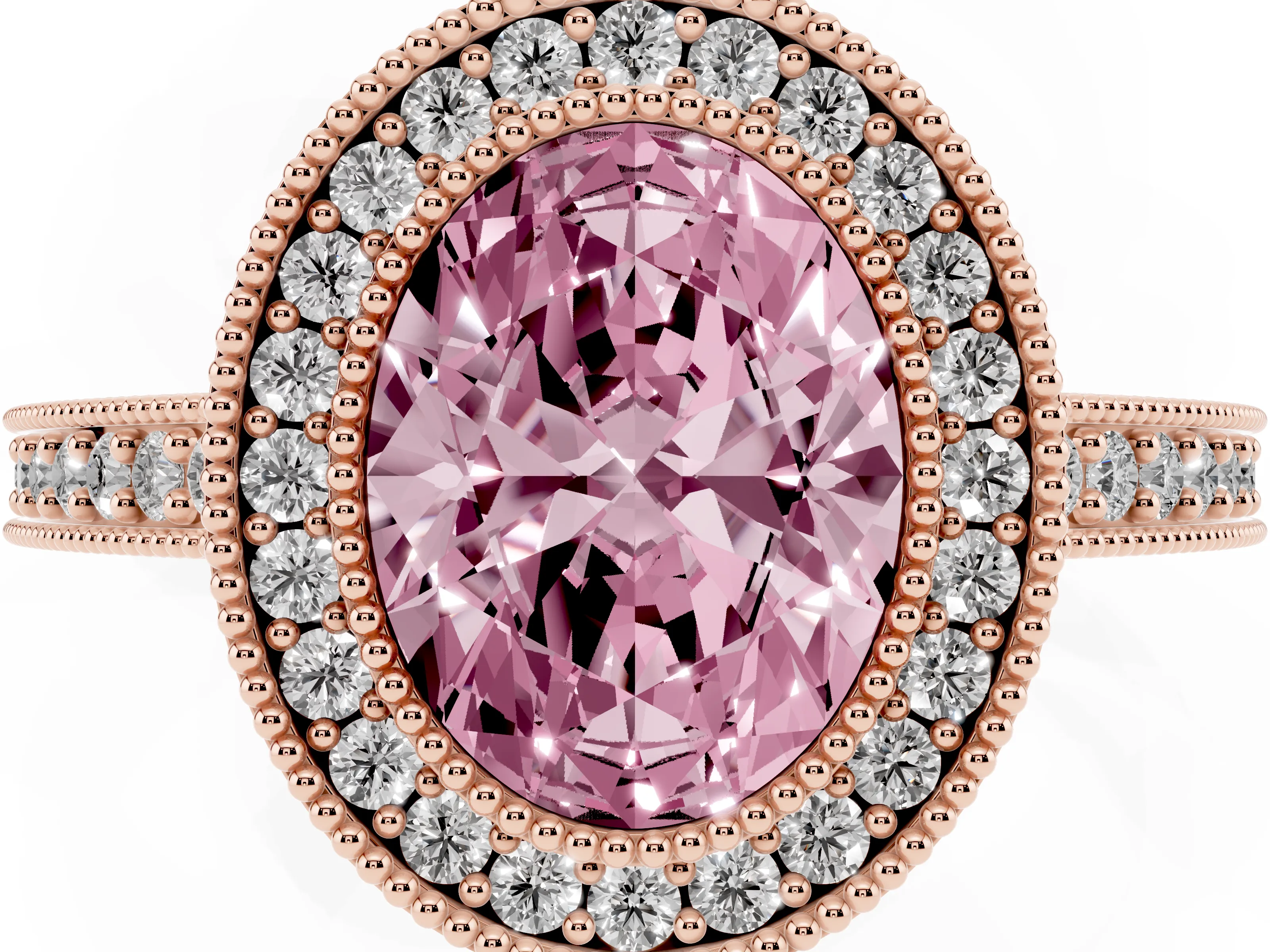 Fancy Pink Oval Cut Diamond Halo Engagement Ring Set in Rose gold with Pavé Band and Round Halo Stones
