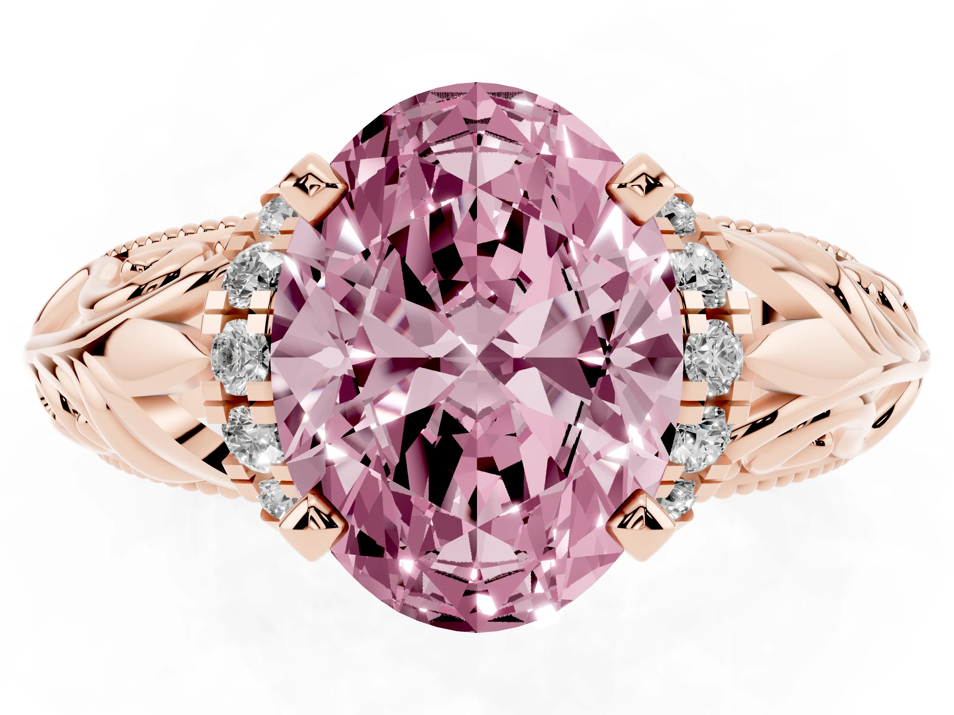 Fancy Pink Oval Cut Diamond Filigree Halo Engagement Ring Set in Rose gold with Prong Setting
