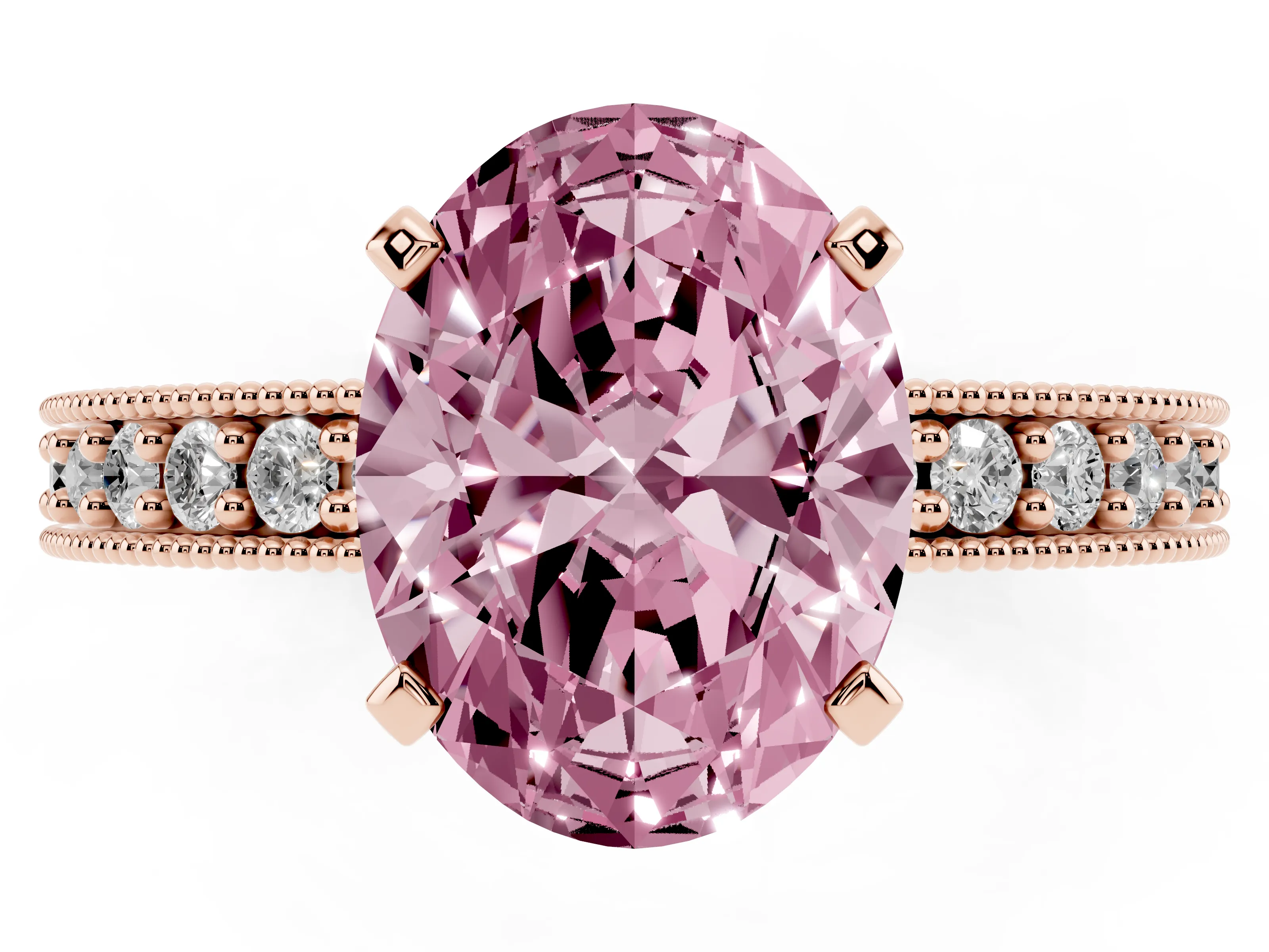 Fancy Pink Oval Cut Diamond Milgrain Pavé Engagement Ring Set in Rose gold with Prong Setting