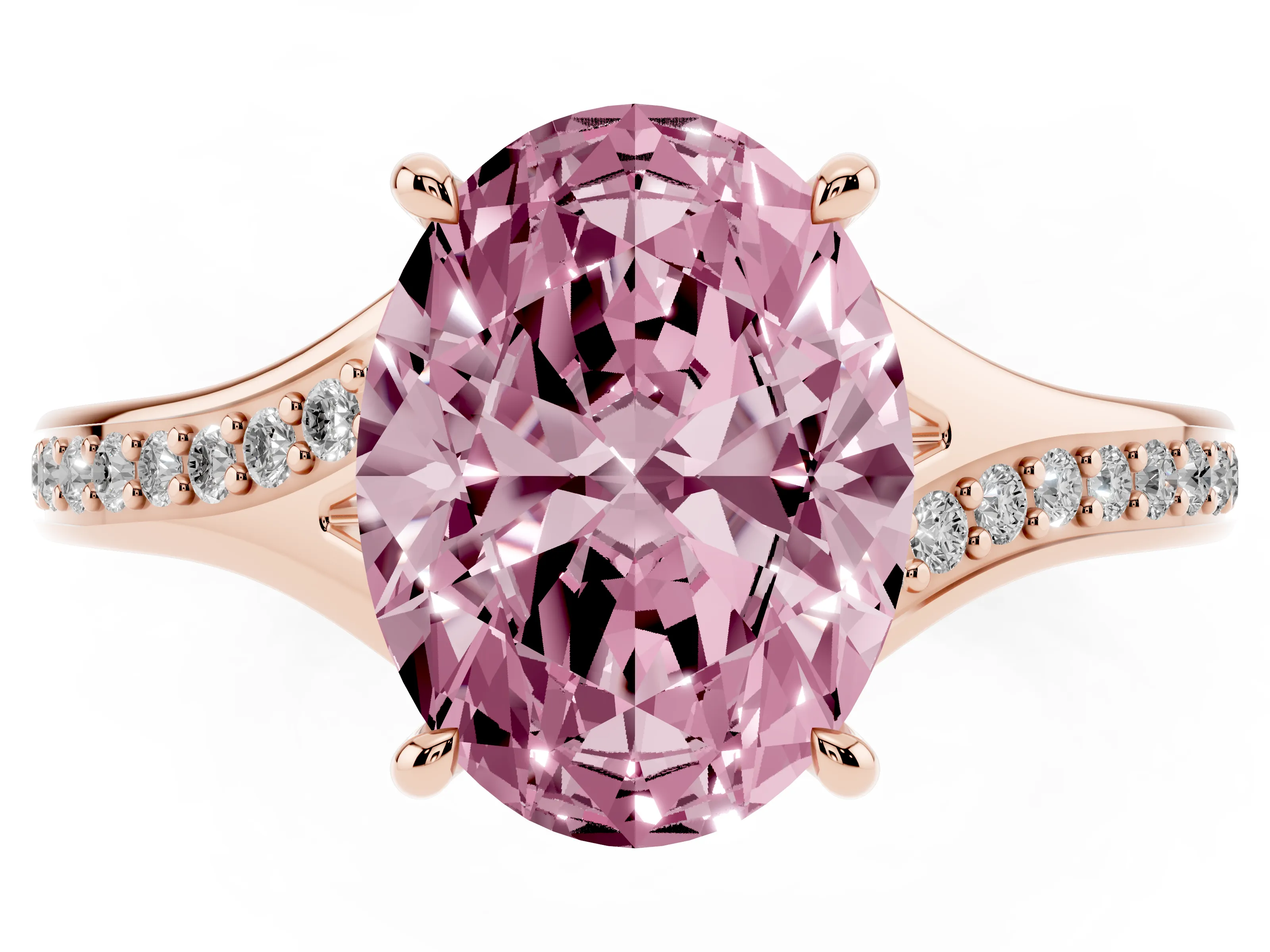 Fancy Pink Oval Cut Diamond Solitaire Ring Set in Rose gold with Pavé Accent Band and Classic Prong Setting