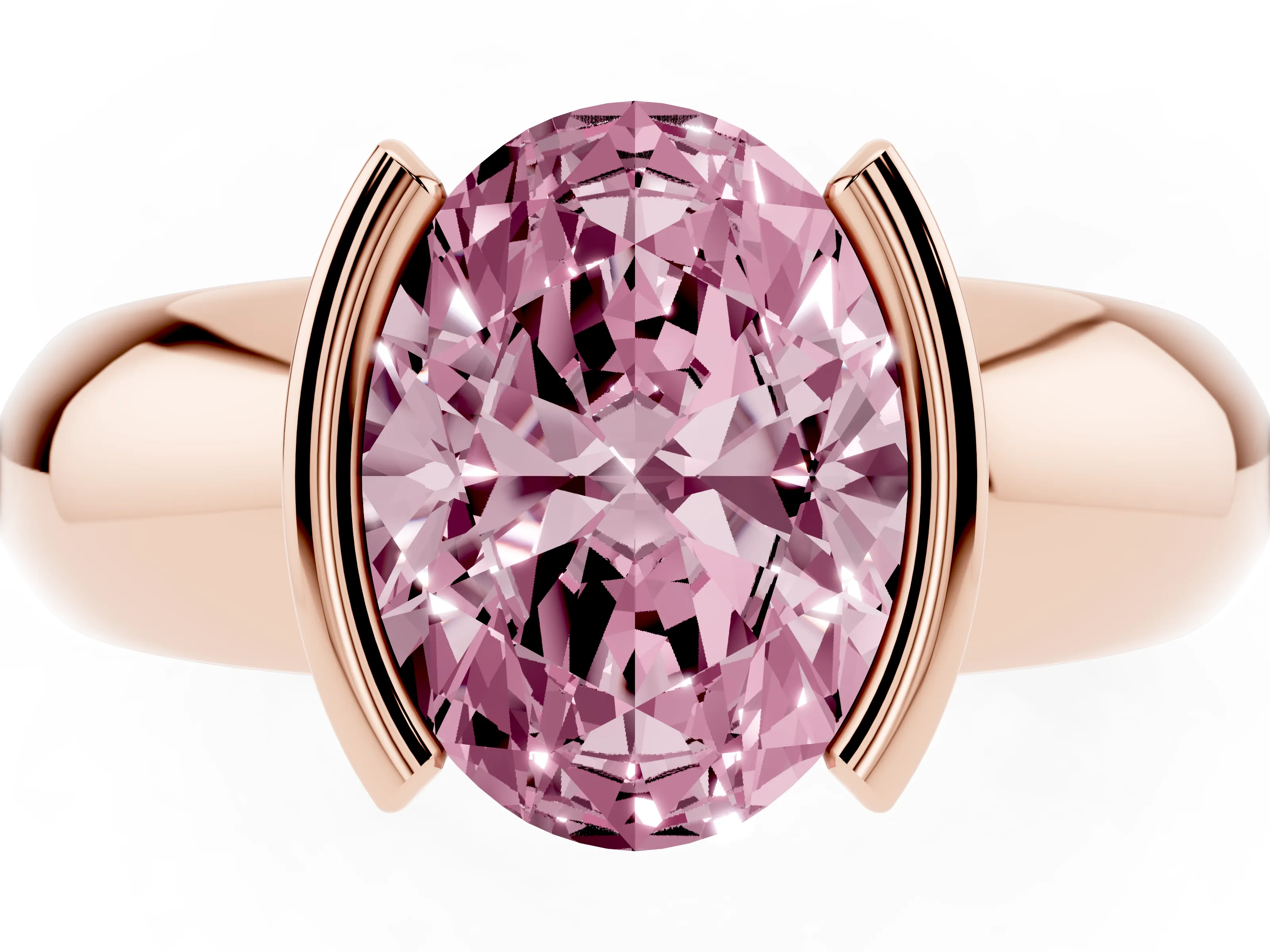 Fancy Pink Oval Cut Diamond Solitaire Tension Set Ring Set in Rose gold with Wide Band