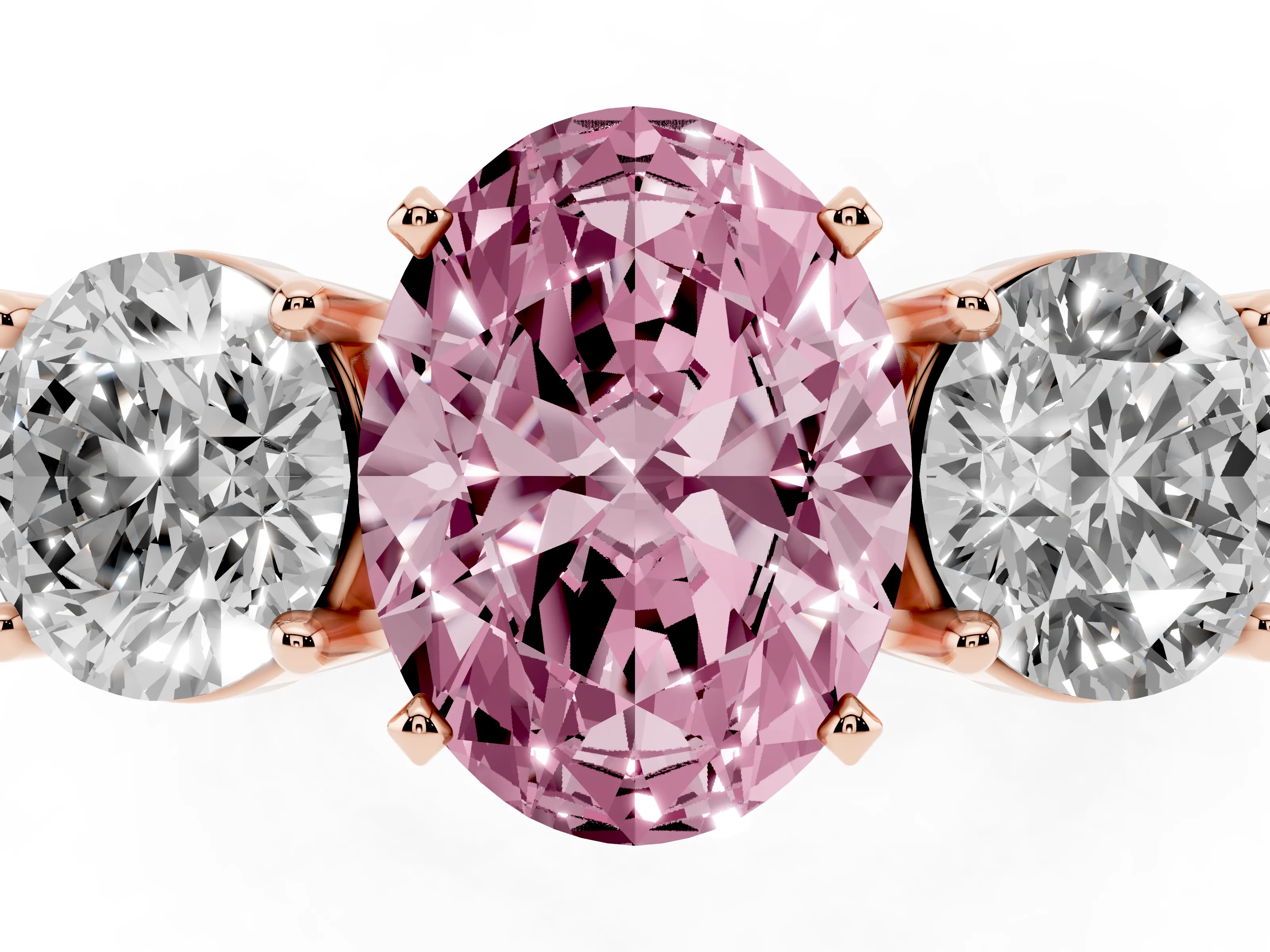 Oval Three Stone Engagement Ring Setting for a Fancy Pink Lab-Grown Diamond | Wide Plain Band | Rose Gold