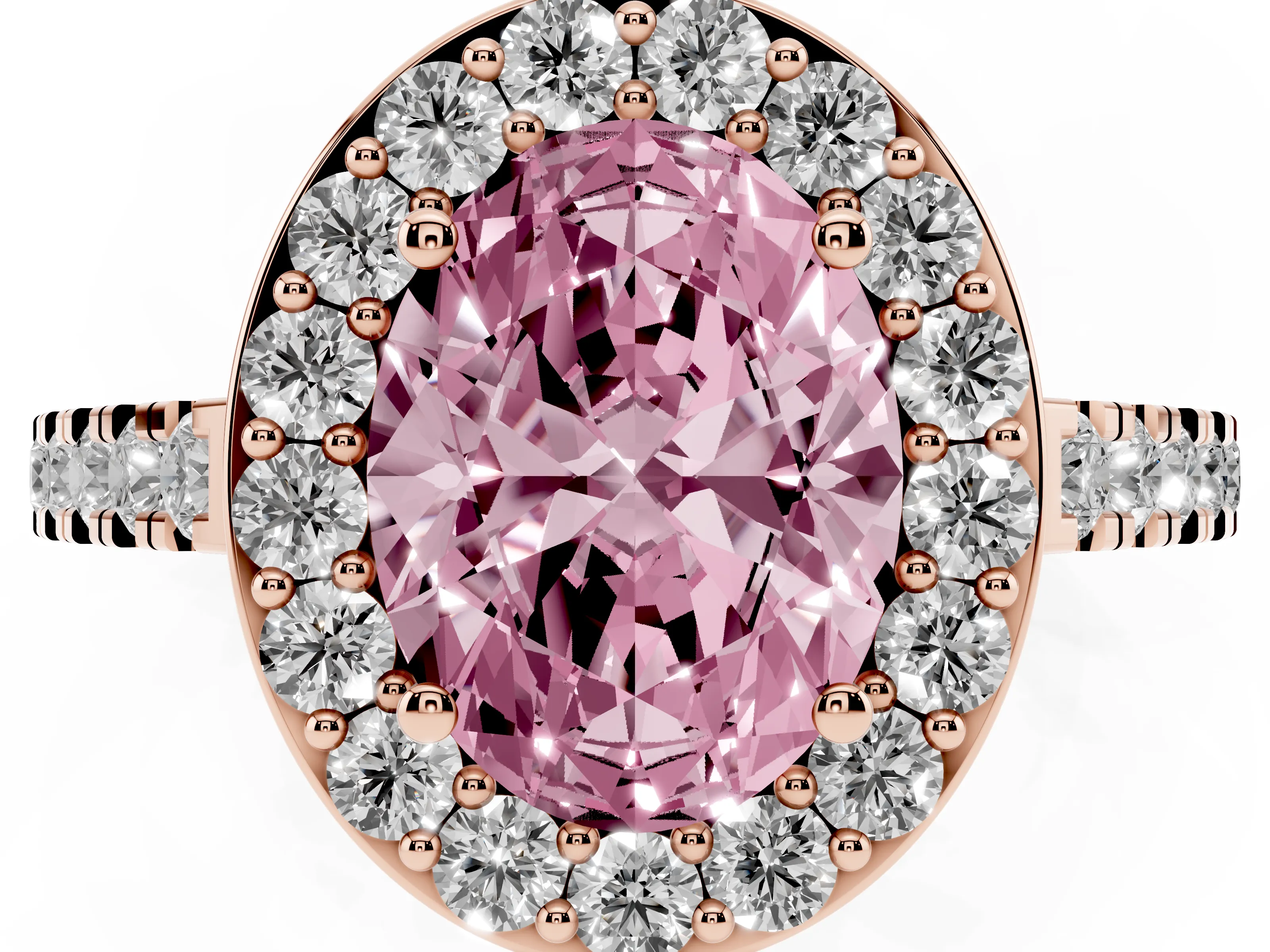Fancy Pink Oval Cut Diamond Halo Ring Set in Rose gold with Round Pavé Split Shank and Prong Setting