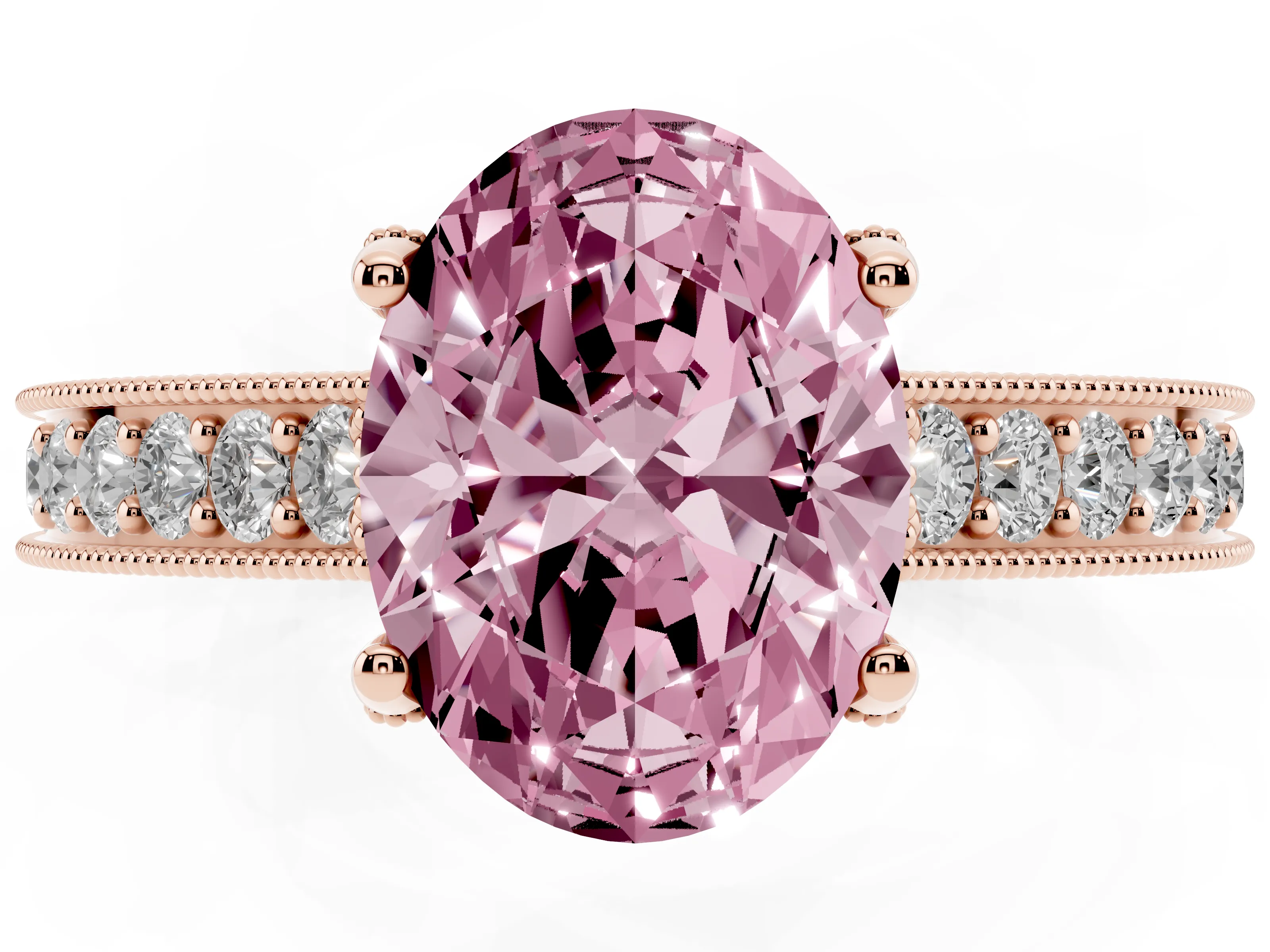 Fancy Pink Oval Cut Diamond Solitaire Ring Set in Rose gold with Milgrain-Edged Pavé Band and Prong Setting
