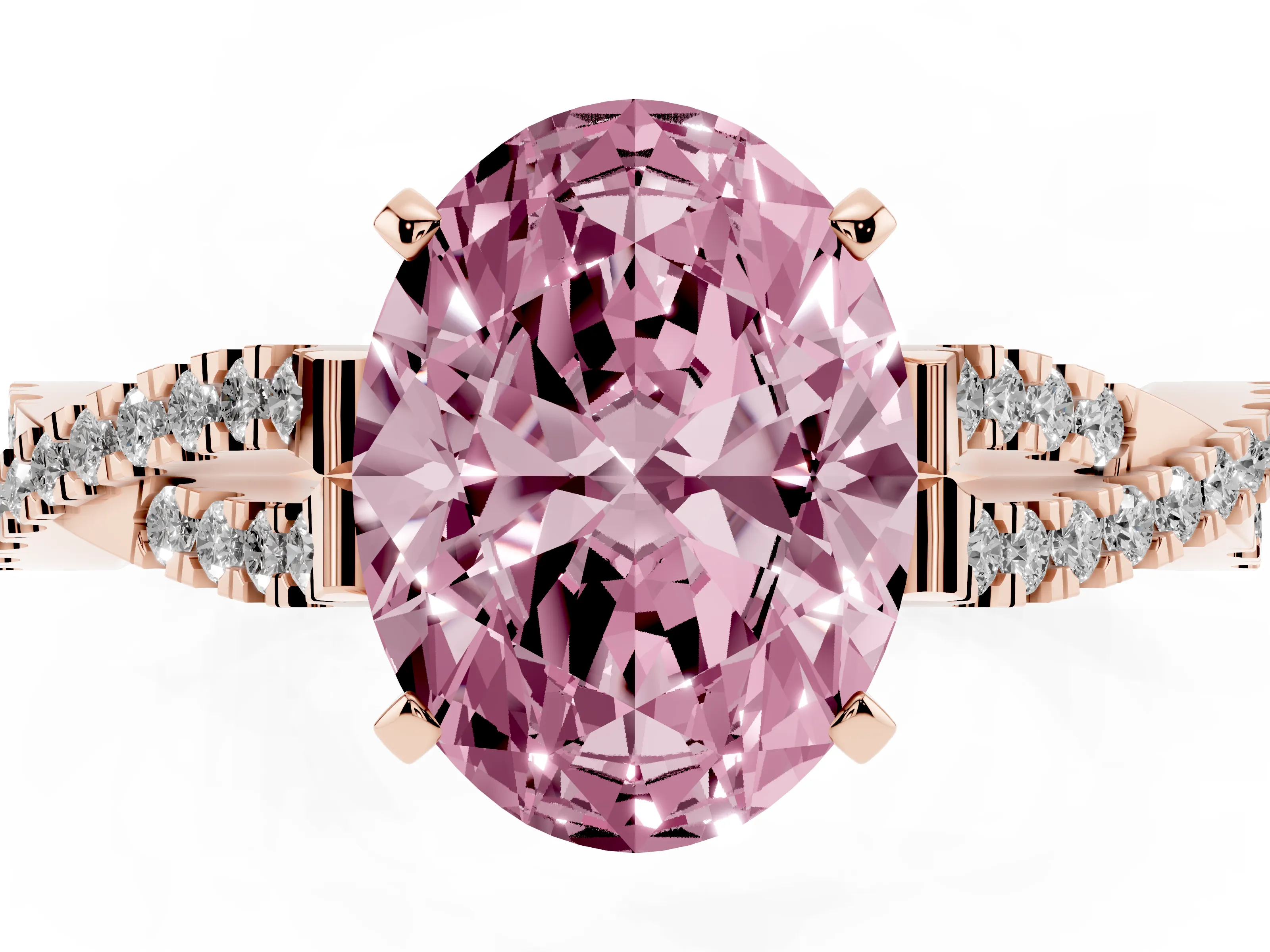 Fancy Pink Oval Cut Diamond Solitaire Engagement Ring Set in Rose gold with Twisted Pavé Band and Prong Setting