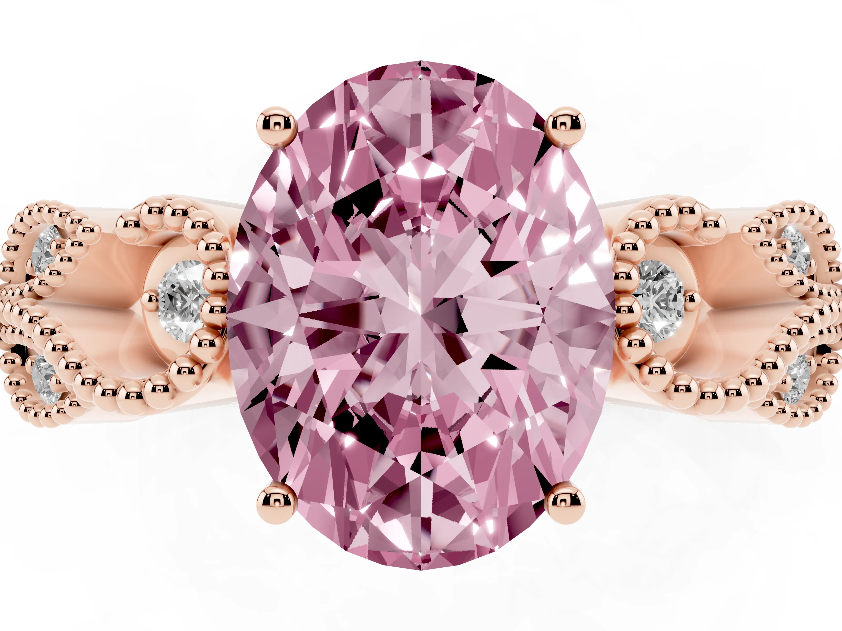 Fancy Pink Oval Cut Diamond Milgrain Leaf Band Solitaire Ring Set in Rose gold with Accent Stones and Prong Setting