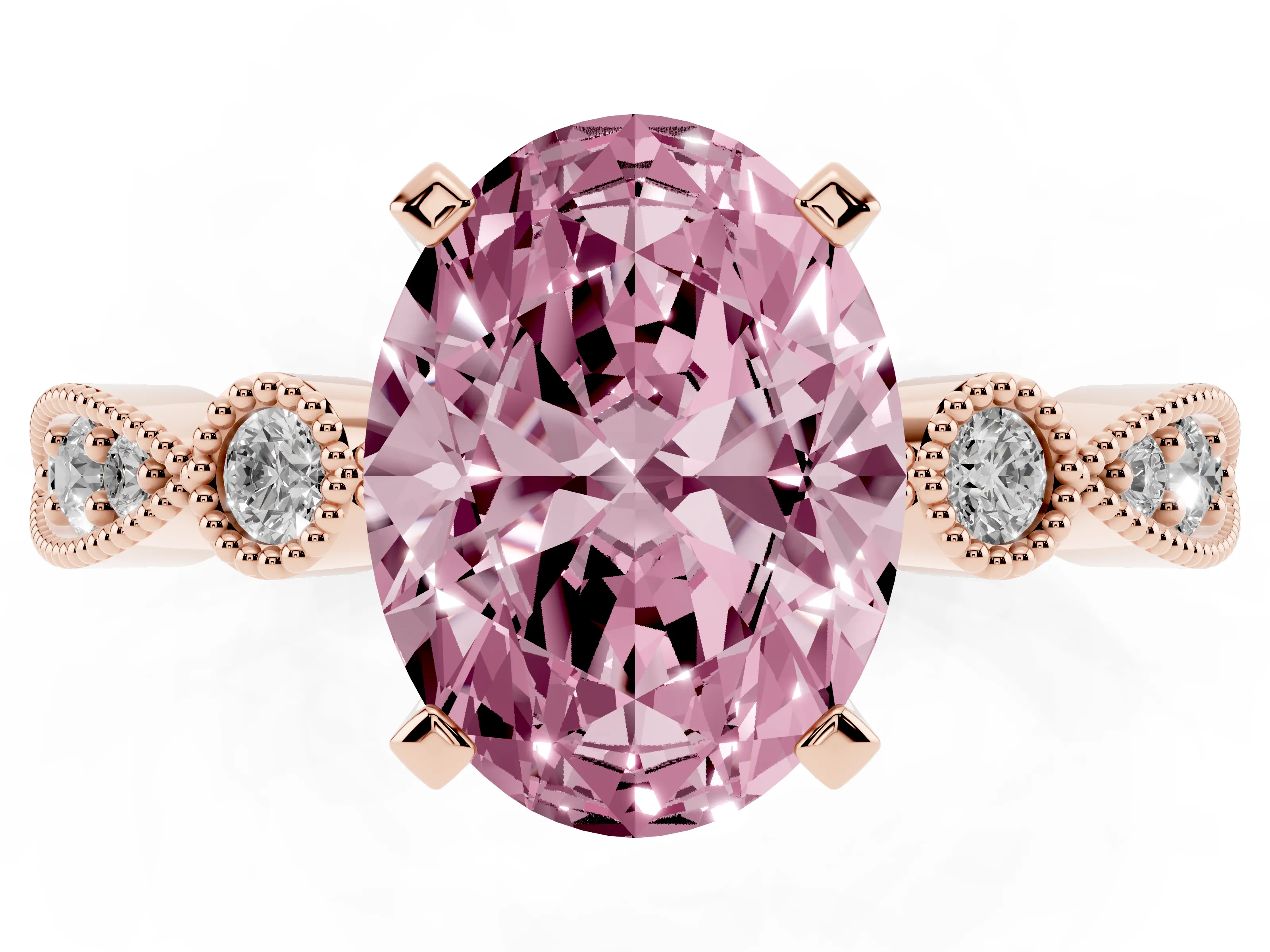 Fancy Pink Oval Cut Diamond Solitaire Engagement Ring Set in Rose gold with Milgrain Bezel Accent Band