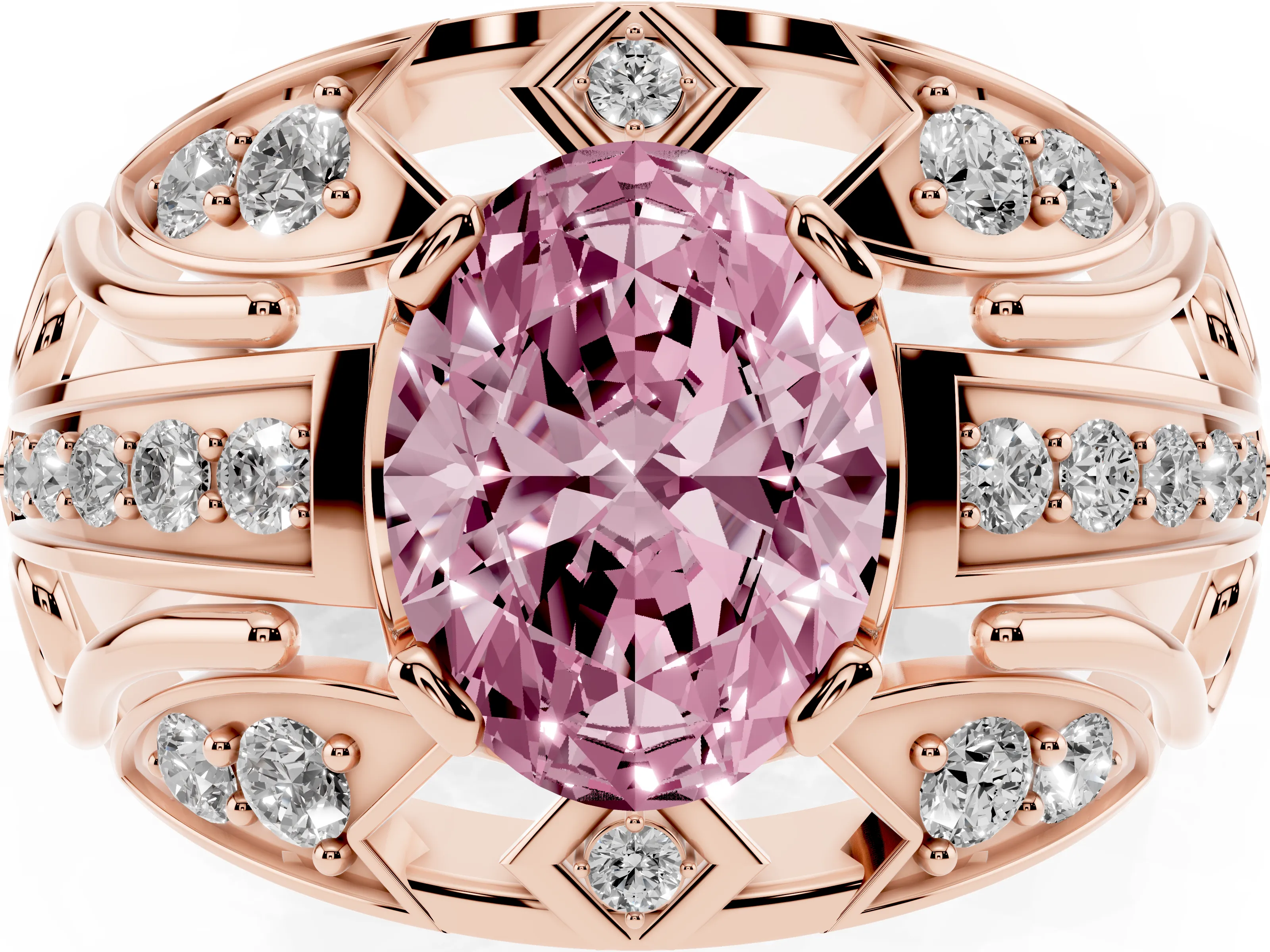 Fancy Pink Oval Cut Diamond Art Deco Ring Set in Rose gold with Pavé Split Shank