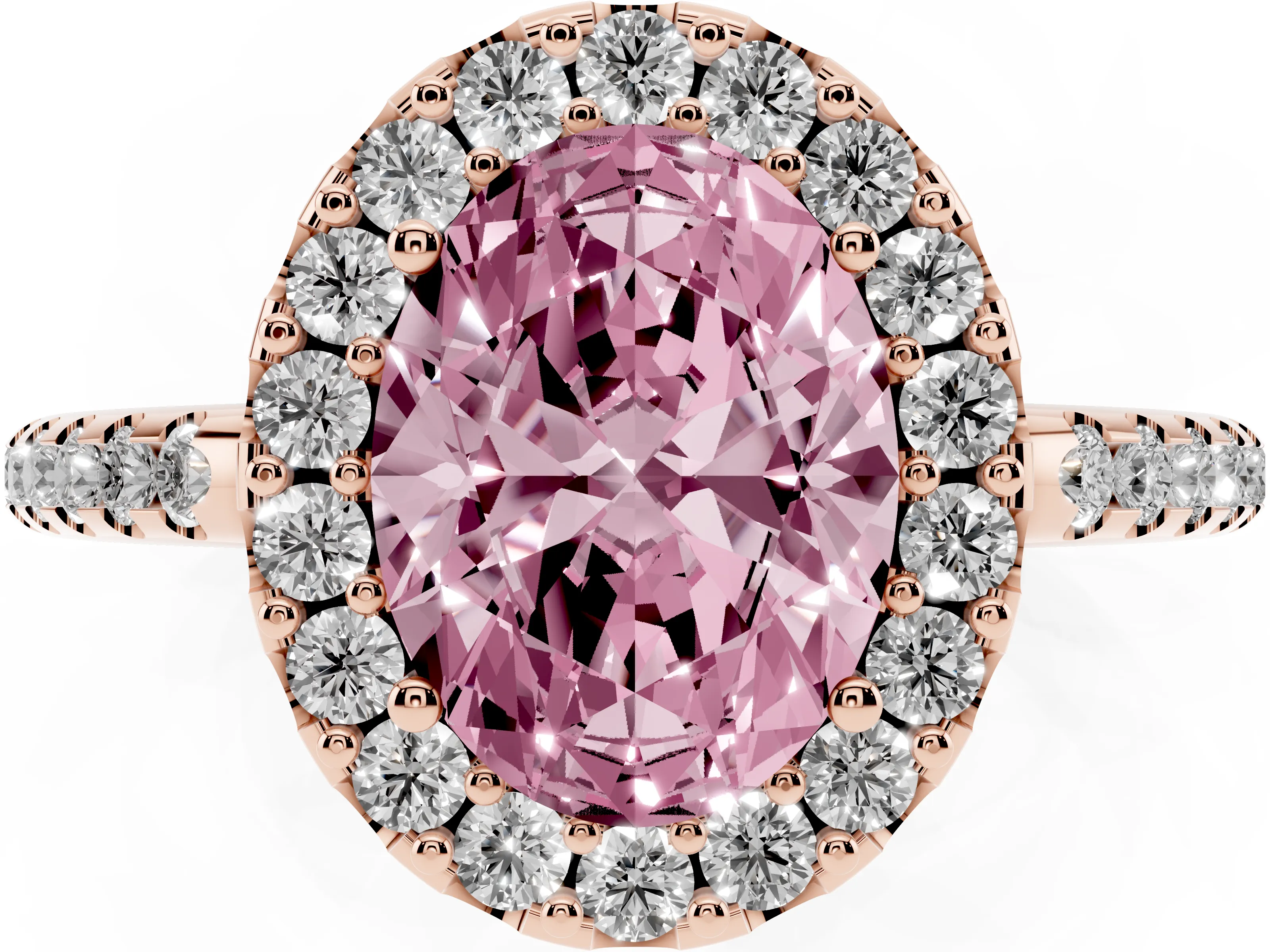 Fancy Pink Oval Cut Diamond Pavé Halo Ring Set in Rose gold with Prong Setting