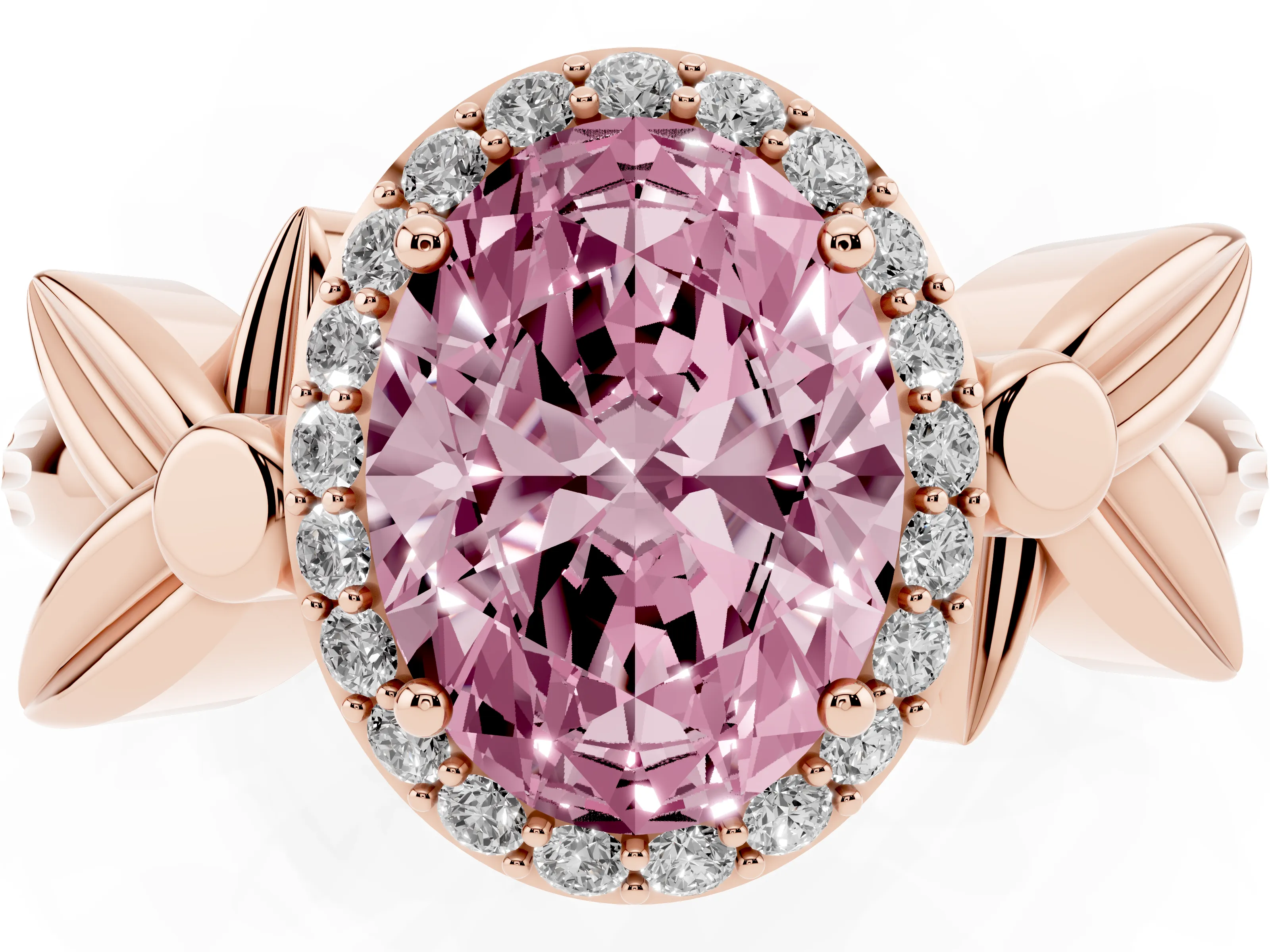 Fancy Pink Oval Cut Diamond Halo Floral Band Ring Set in Rose gold with Prong Setting