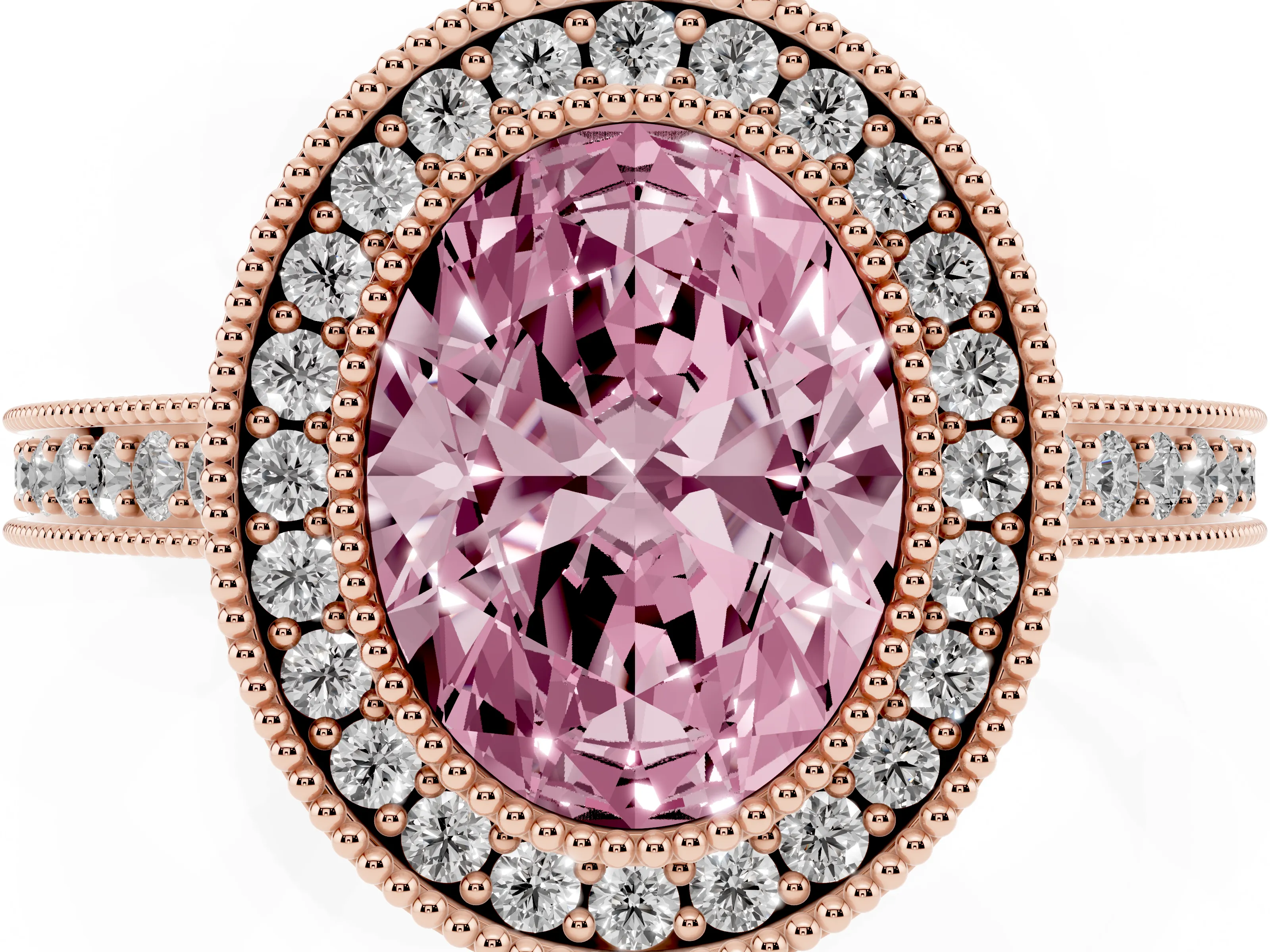 Fancy Pink Oval Cut Diamond Round Halo Ring Set in Rose gold with Pavé Band