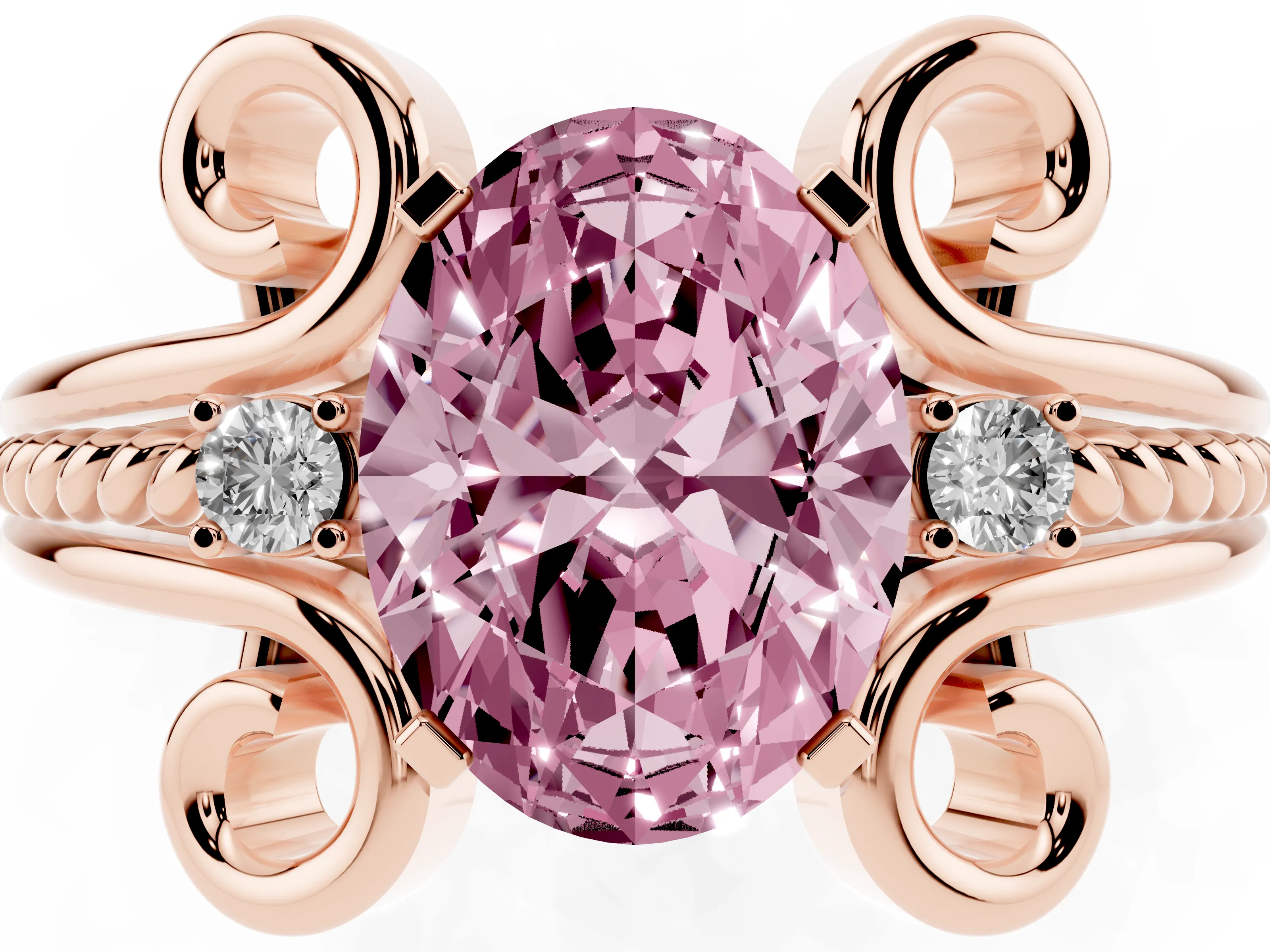 Fancy Pink Oval Cut Diamond Twisted Band Solitaire Ring Set in Rose gold with Scroll Prongs