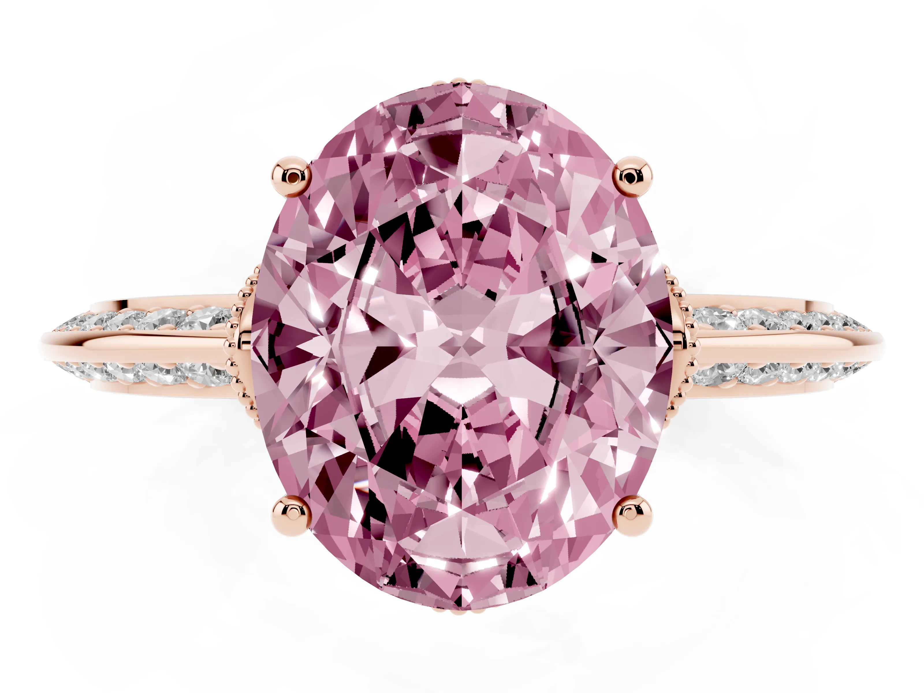 Fancy Pink Oval Cut Diamond Solitaire Engagement Ring Set in Rose gold with Pavé Split Shank and Prong Setting