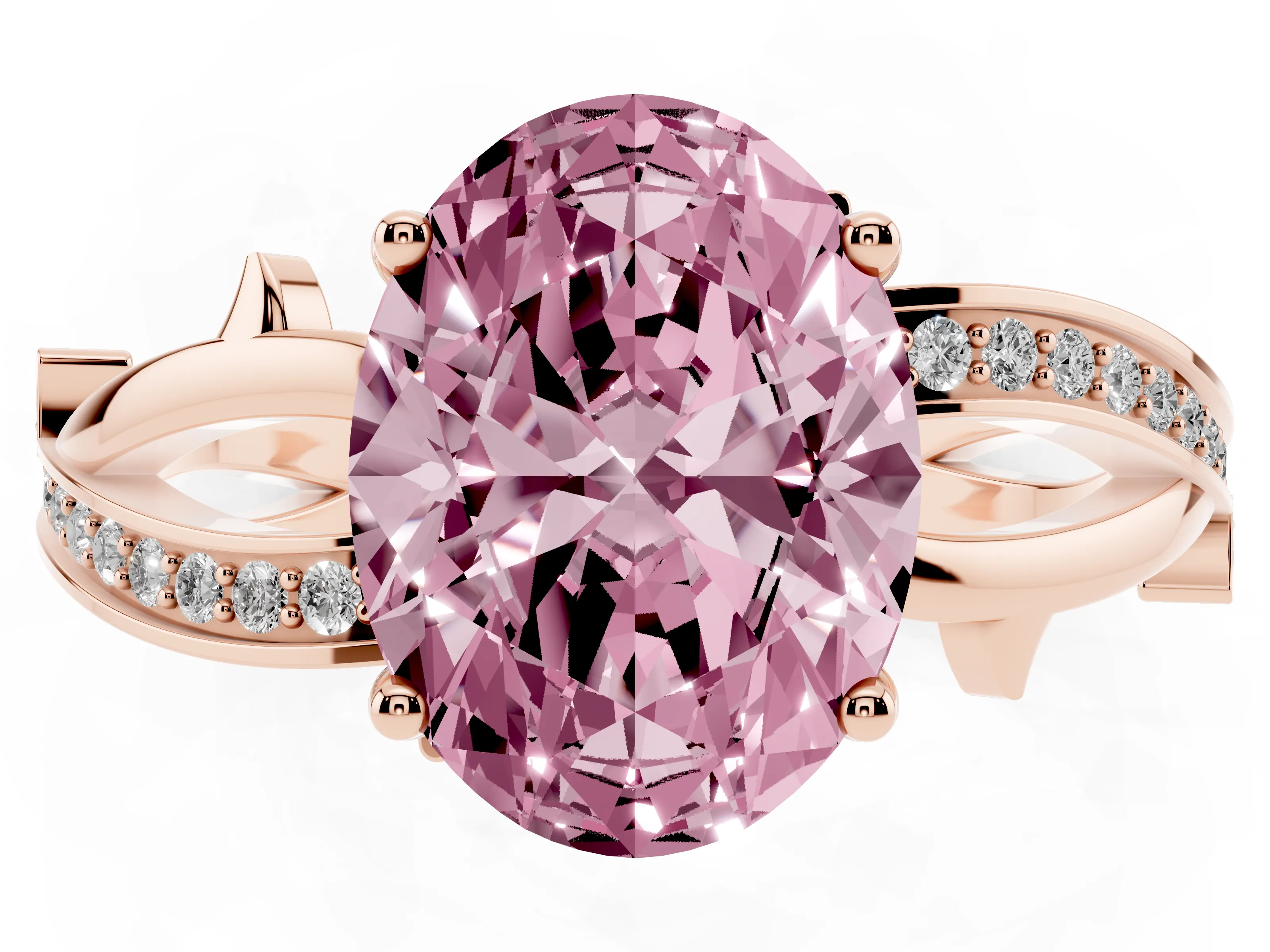 Fancy Pink Oval Cut Diamond Pavé Twist Band Solitaire Ring Set in Rose gold with Prong Setting