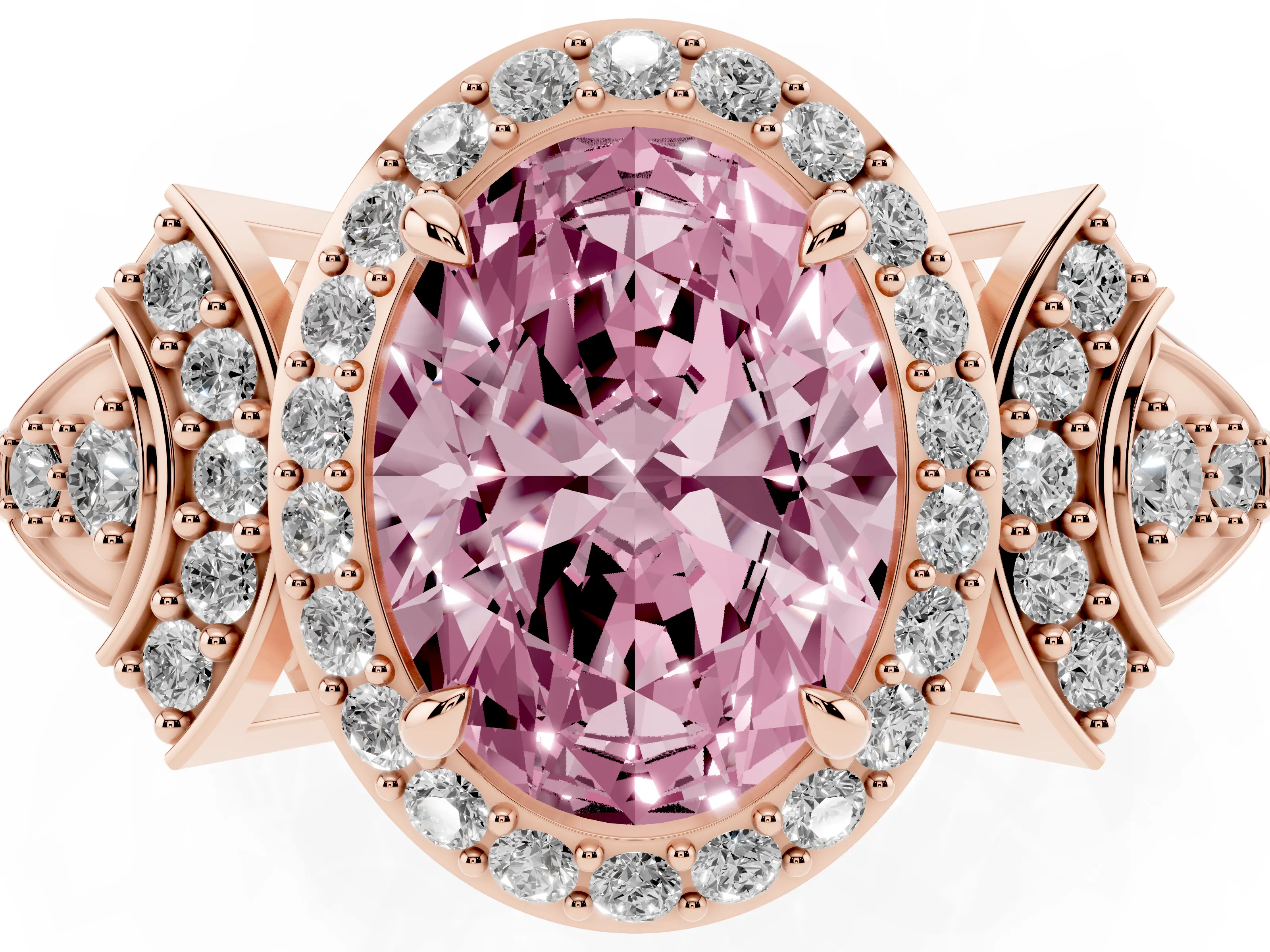 Fancy Pink Oval Cut Diamond Halo Engagement Ring Set in Rose gold with Accent Stone Split Shank