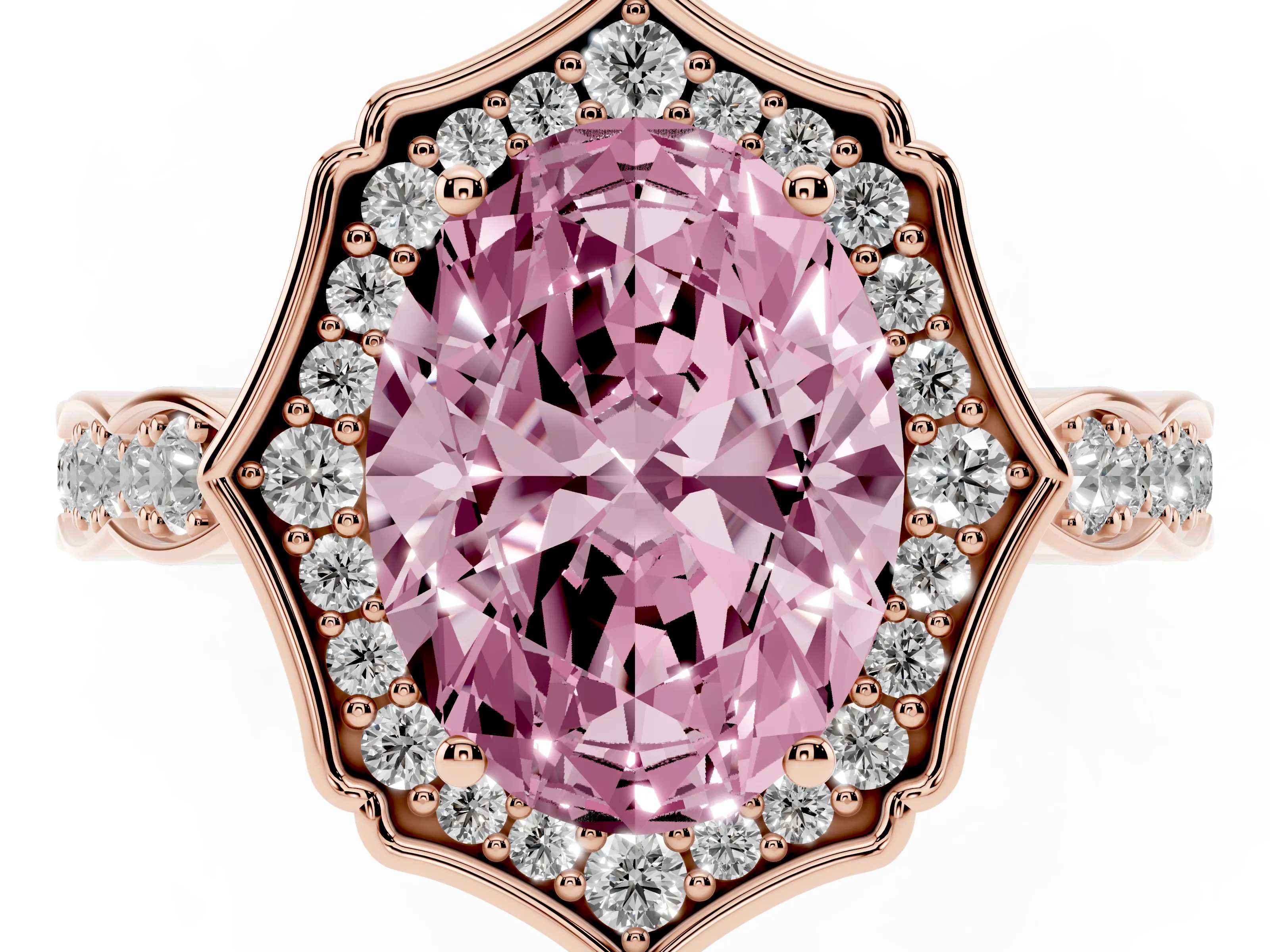 Fancy Pink Oval Cut Diamond Halo Engagement Ring Set in Rose gold with Milgrain Band and Prong Setting